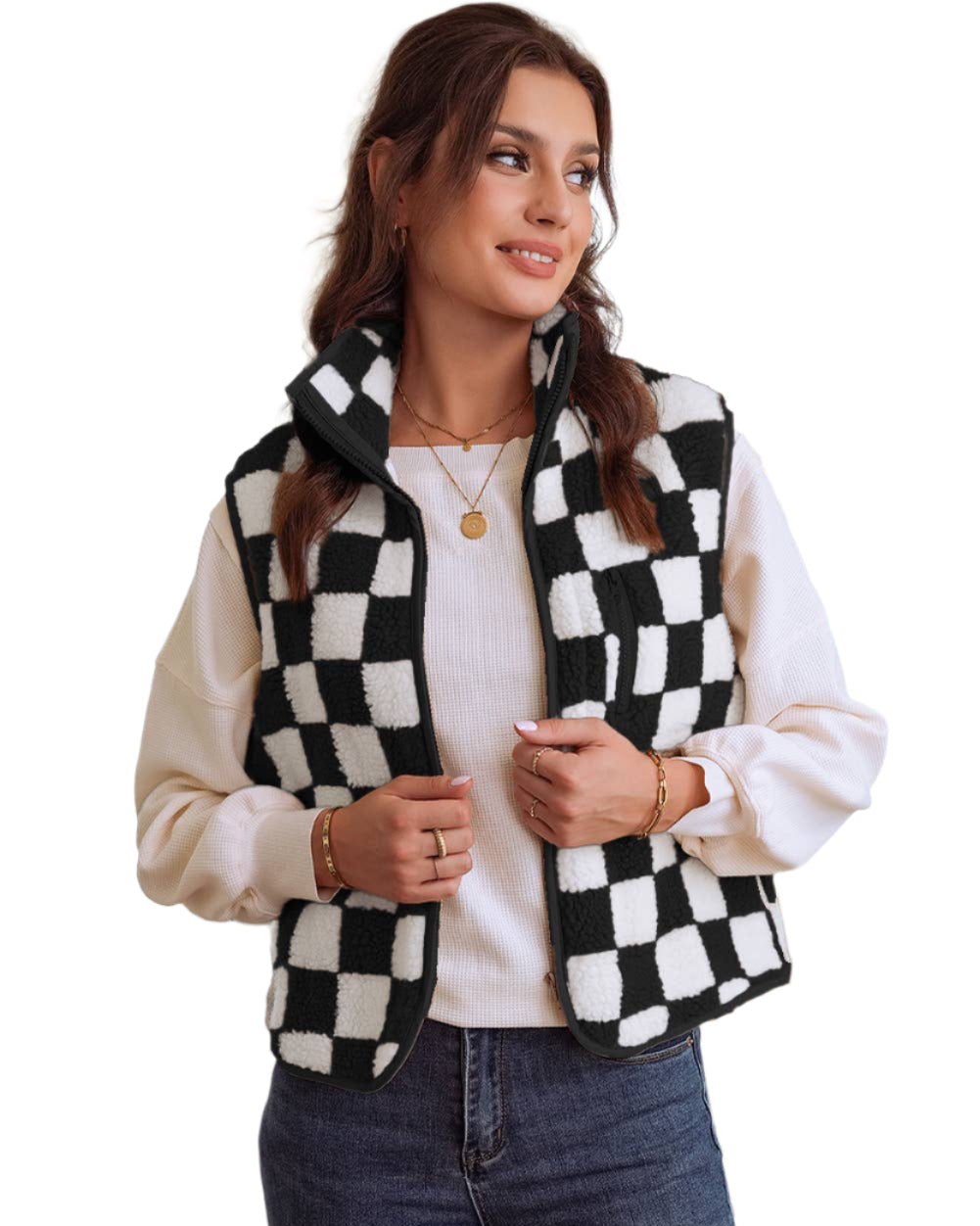 Checkered Sherpa Collared Vest