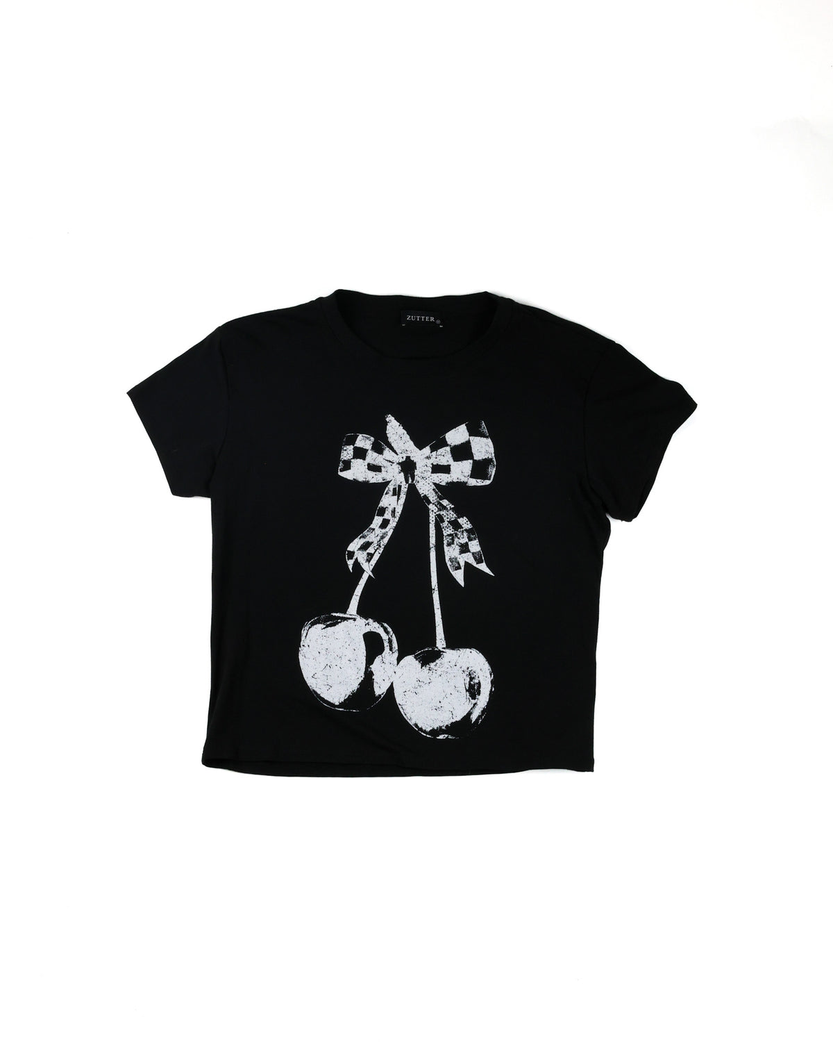 A black short-sleeve crop top t-shirt featuring a distressed white graphic of two cherries tied with a black-and-white checkered bow, shown on a plain white background.