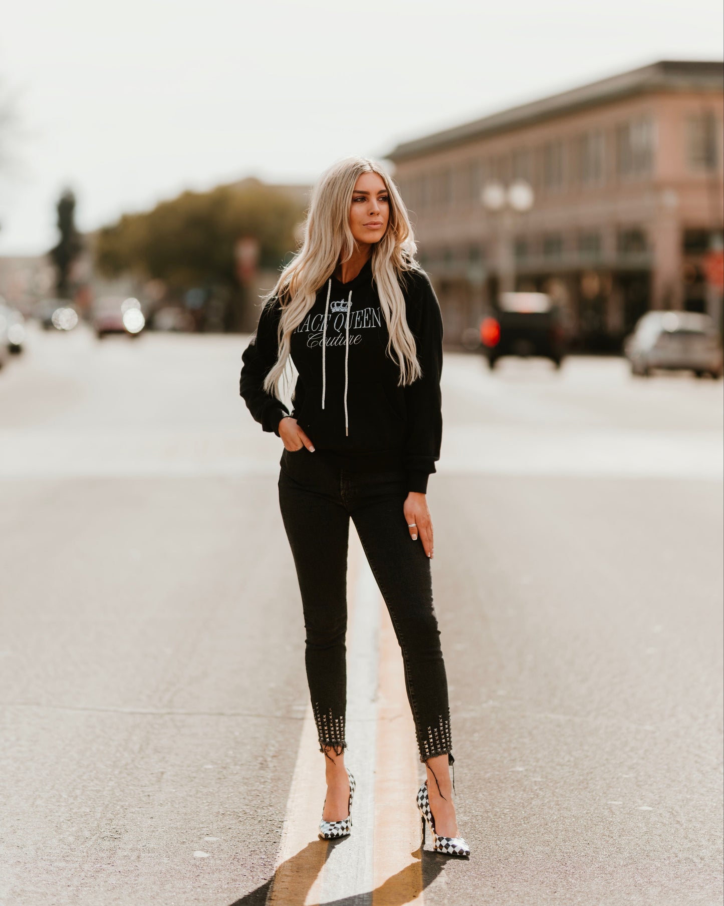 RQC Hooded Sweatshirt with Rhinestone Drawstrings