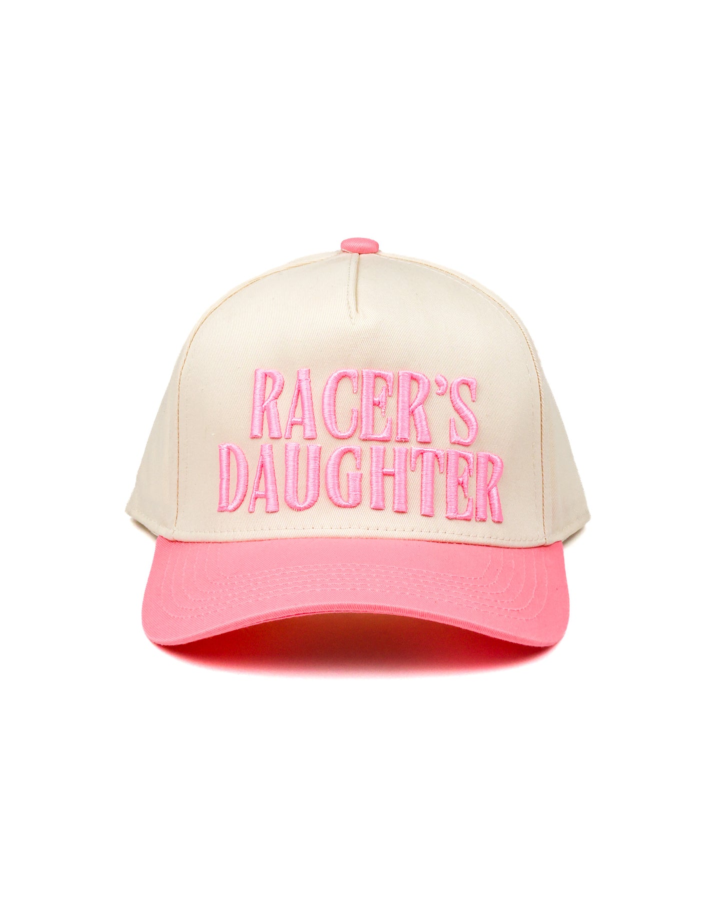 Race Royalty™ RACER'S DAUGHTER Hat in Cream/Pink — pink puff embroidered snapback race day hat.