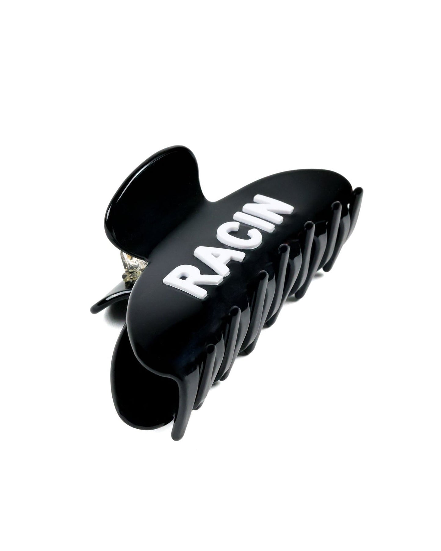 Race Royalty RACIN' claw clip, close-up of acetate lettering detail