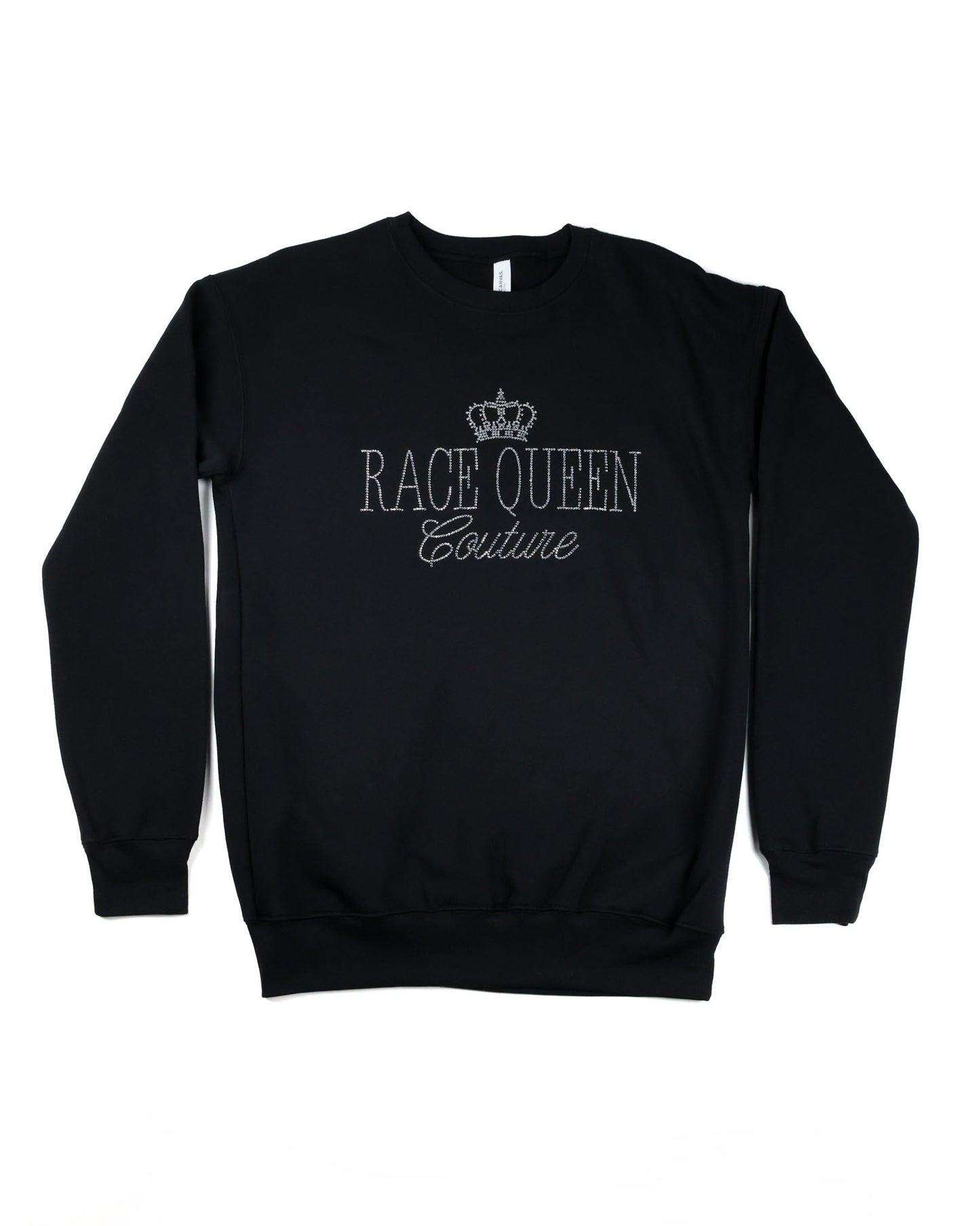 Race Royalty™ RQC Rhinestone Crewneck in Black — sparkly rhinestone Race Queen Couture graphic on a premium Bella + Canvas fleece crewneck.