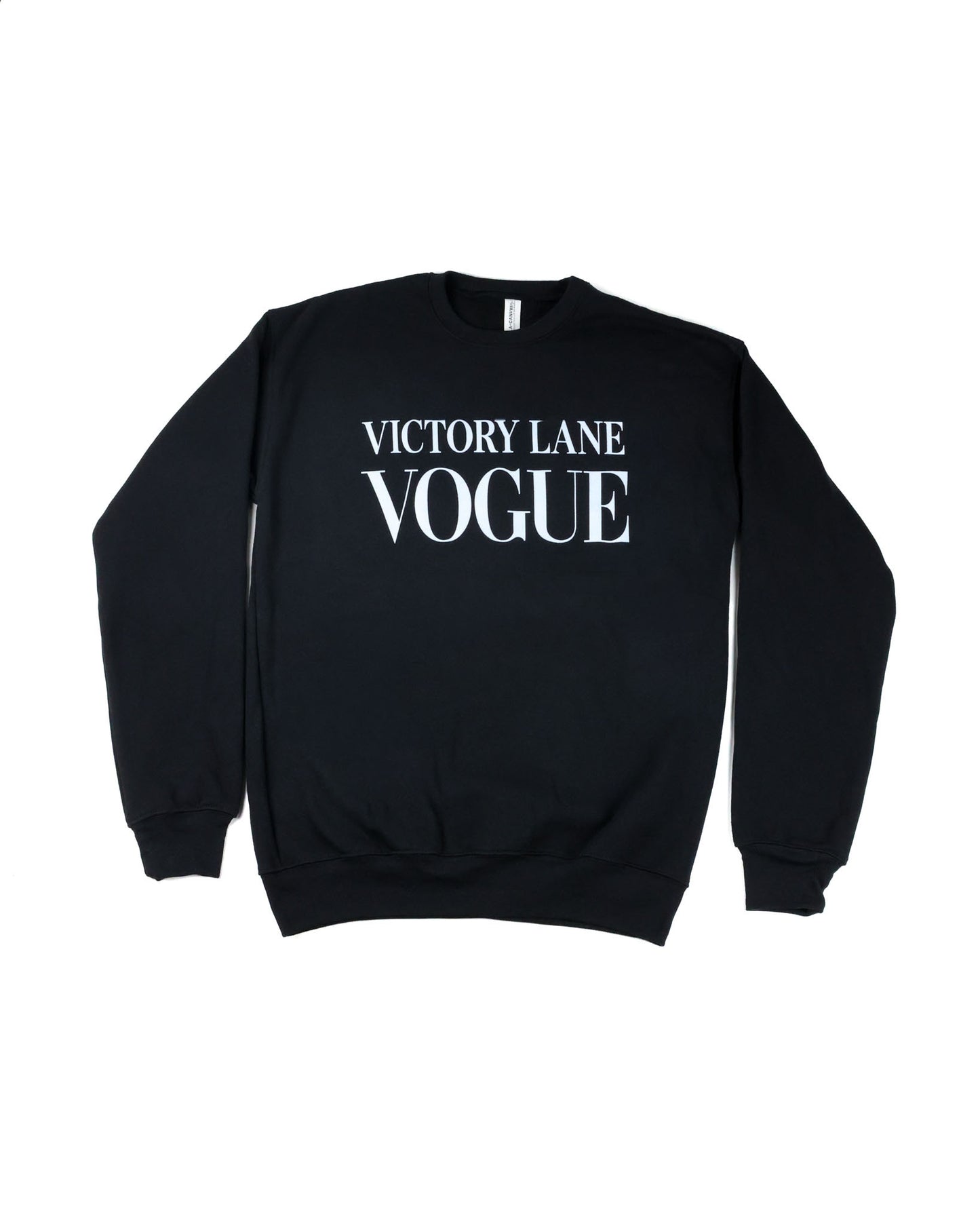 Race Royalty™ Victory Lane Vogue Crewneck in Black — luxe crewneck on premium Bella + Canvas fleece.