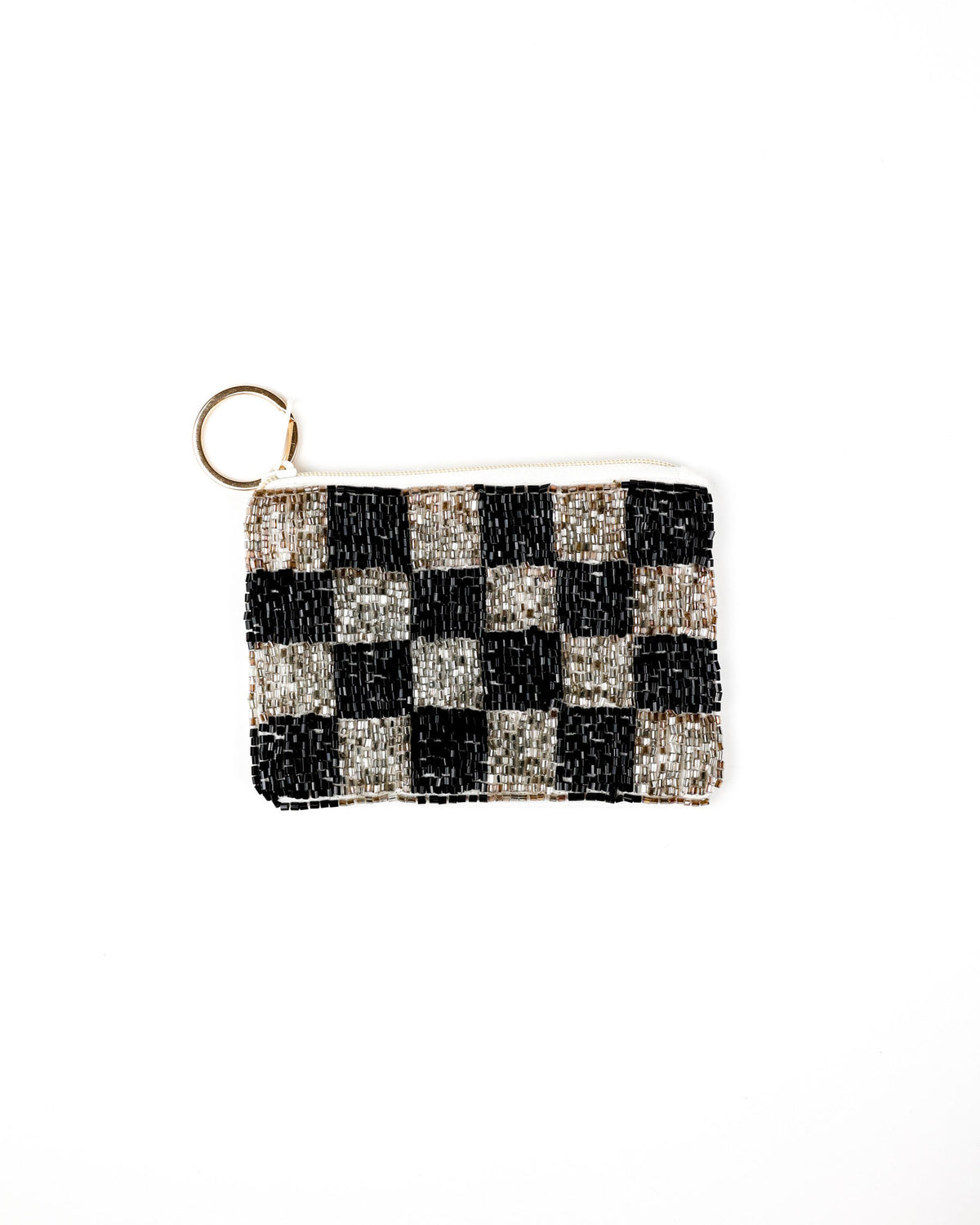 A small rectangular beaded coin purse with a black and silver checkerboard pattern and a gold-tone key ring attachment, shown on a plain white background.