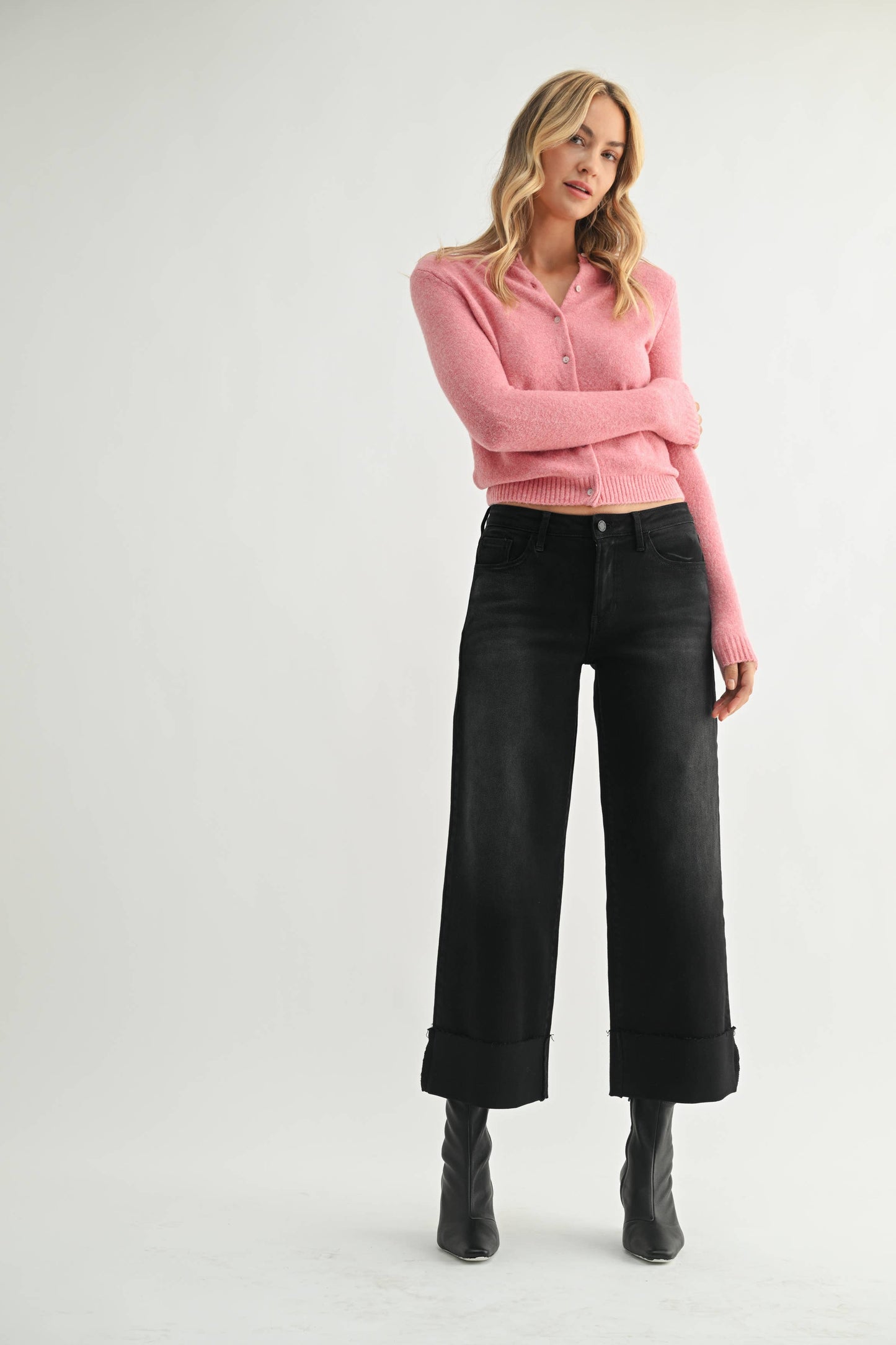 Just Black Denim Scissor Cut Cuffed Wide Leg - Washed Black