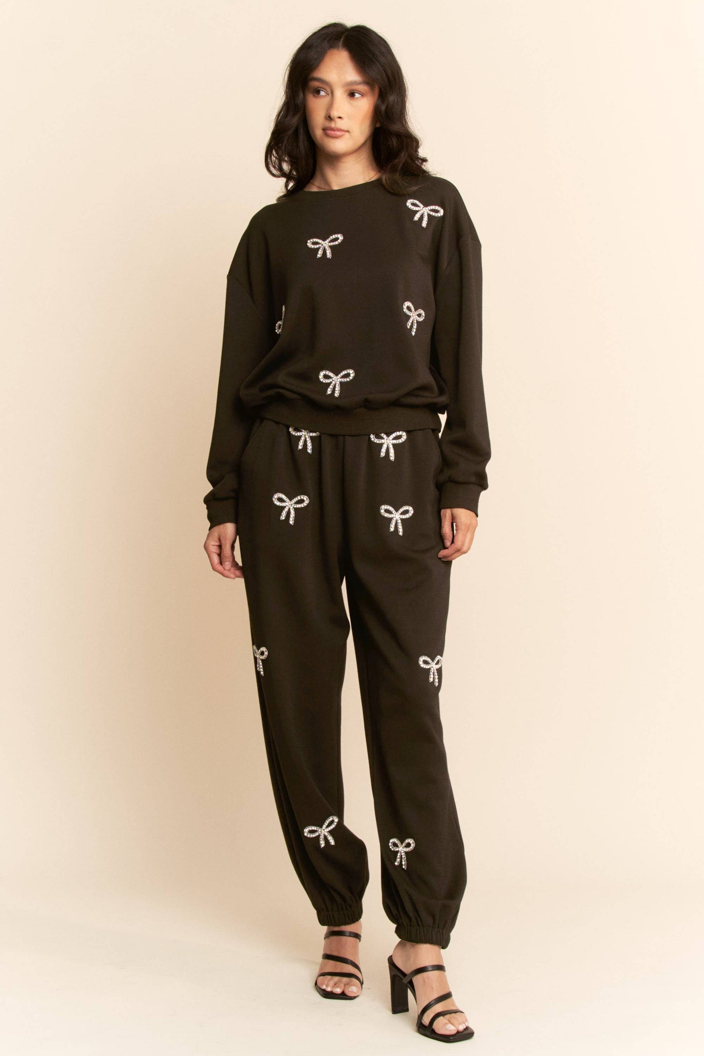 Rhinestone Bow Knit Sweatsuit Set