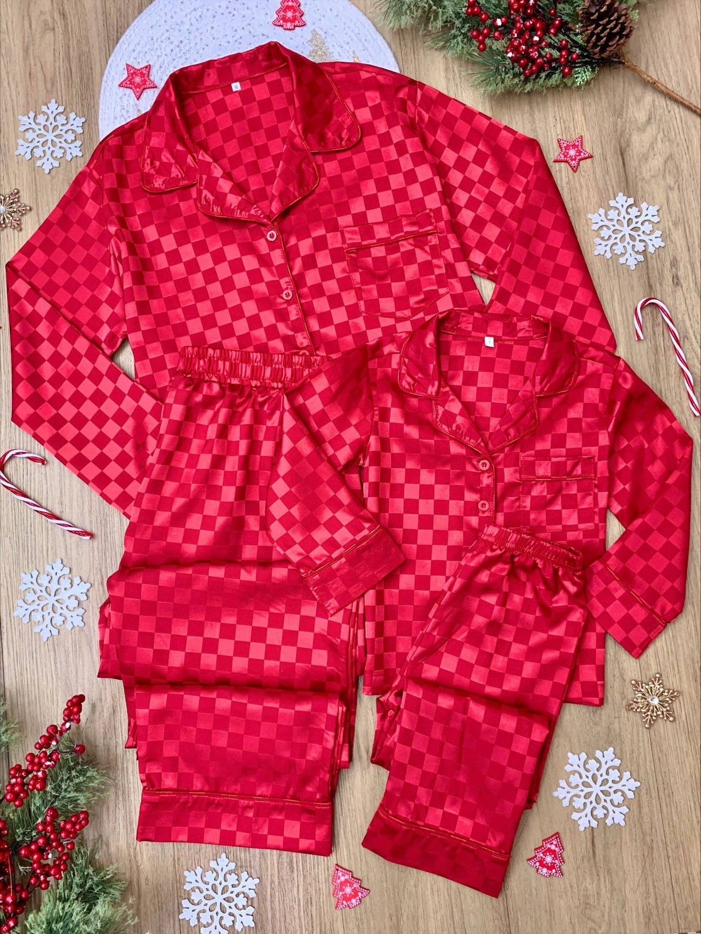 Checkered Satin Pajama Set - Red