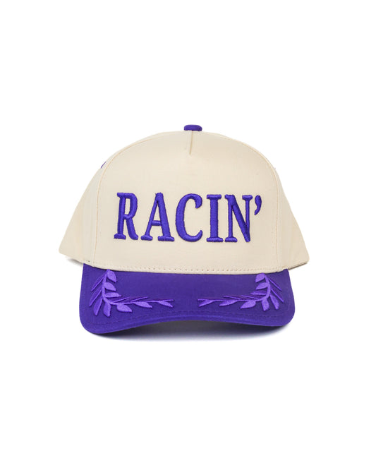 Race Royalty™ RACIN' Victory Lane Collection Hat, limited edition, with signature puff embroidery and laurel leaf brim detail, purple