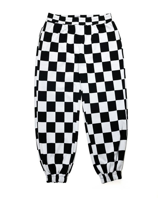Black and white checkered high-rise joggers with side pockets by Ampersand Ave
