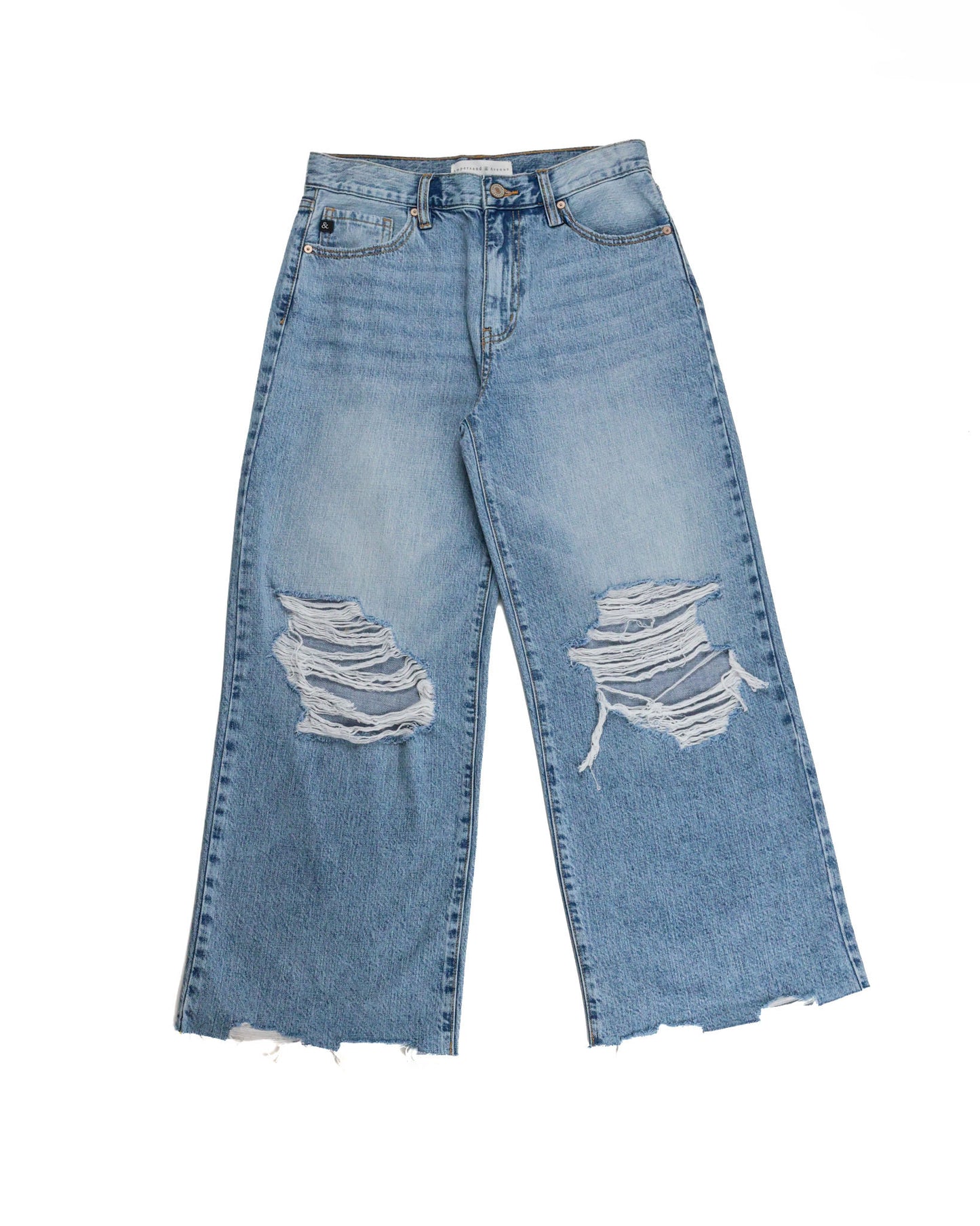 Ampersand Avenue 518 Denim Heavy Distressed Wide Leg Crop Jeans in Medium Wash with distressed knees and frayed ankle hem
