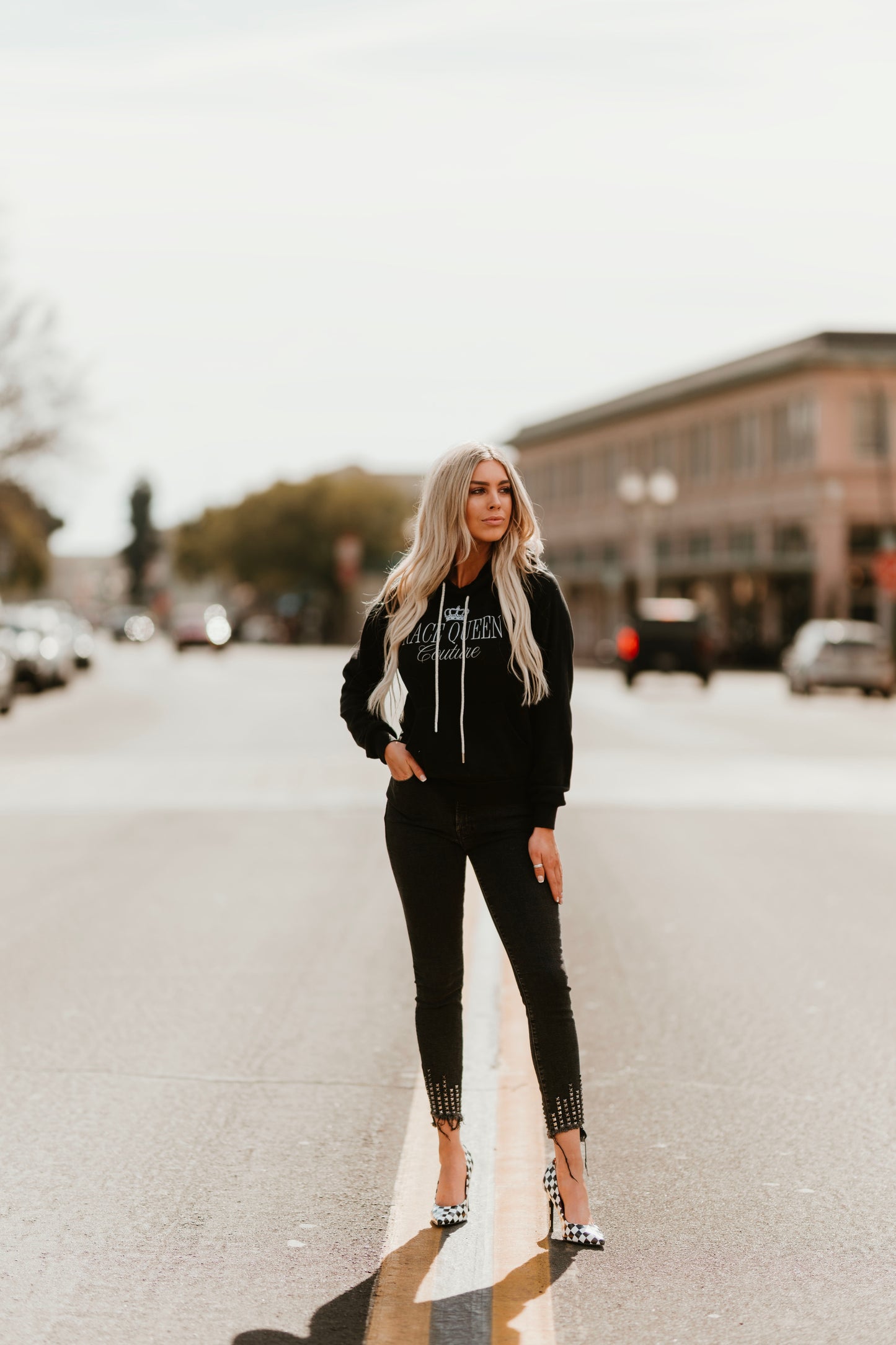 RQC Hooded Sweatshirt with Rhinestone Drawstrings