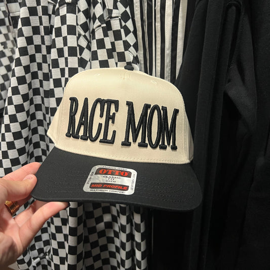 RACE MOM Snapback Hat - Cream Hat w/ Black Stitching