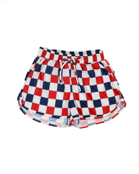 Red, white and blue checkered shorts by Race Royalty