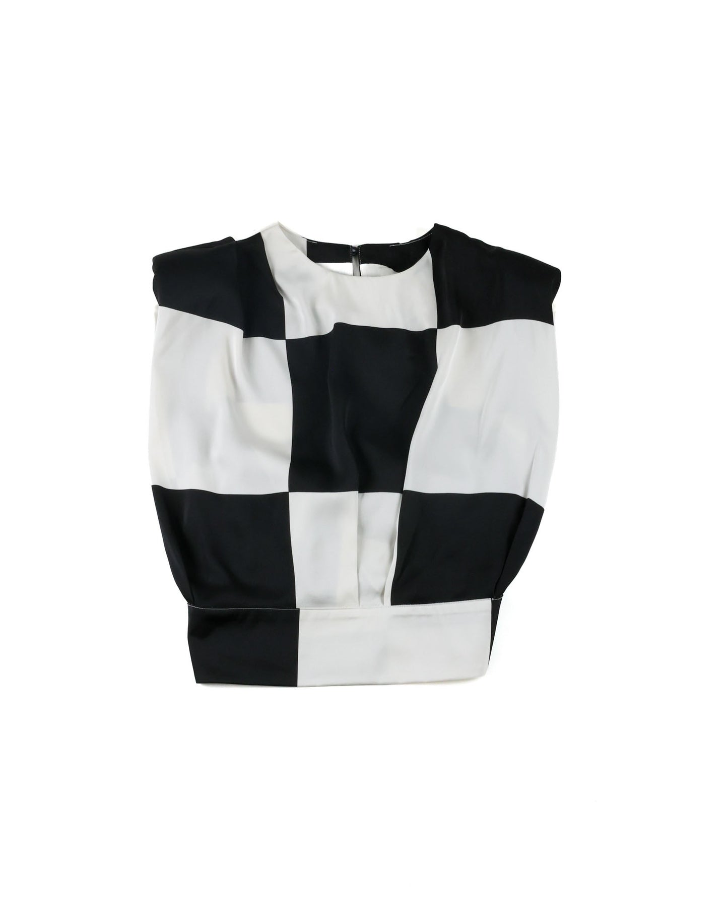 A black and white checkered cropped top with a crew neck, displayed flat against a plain white background.