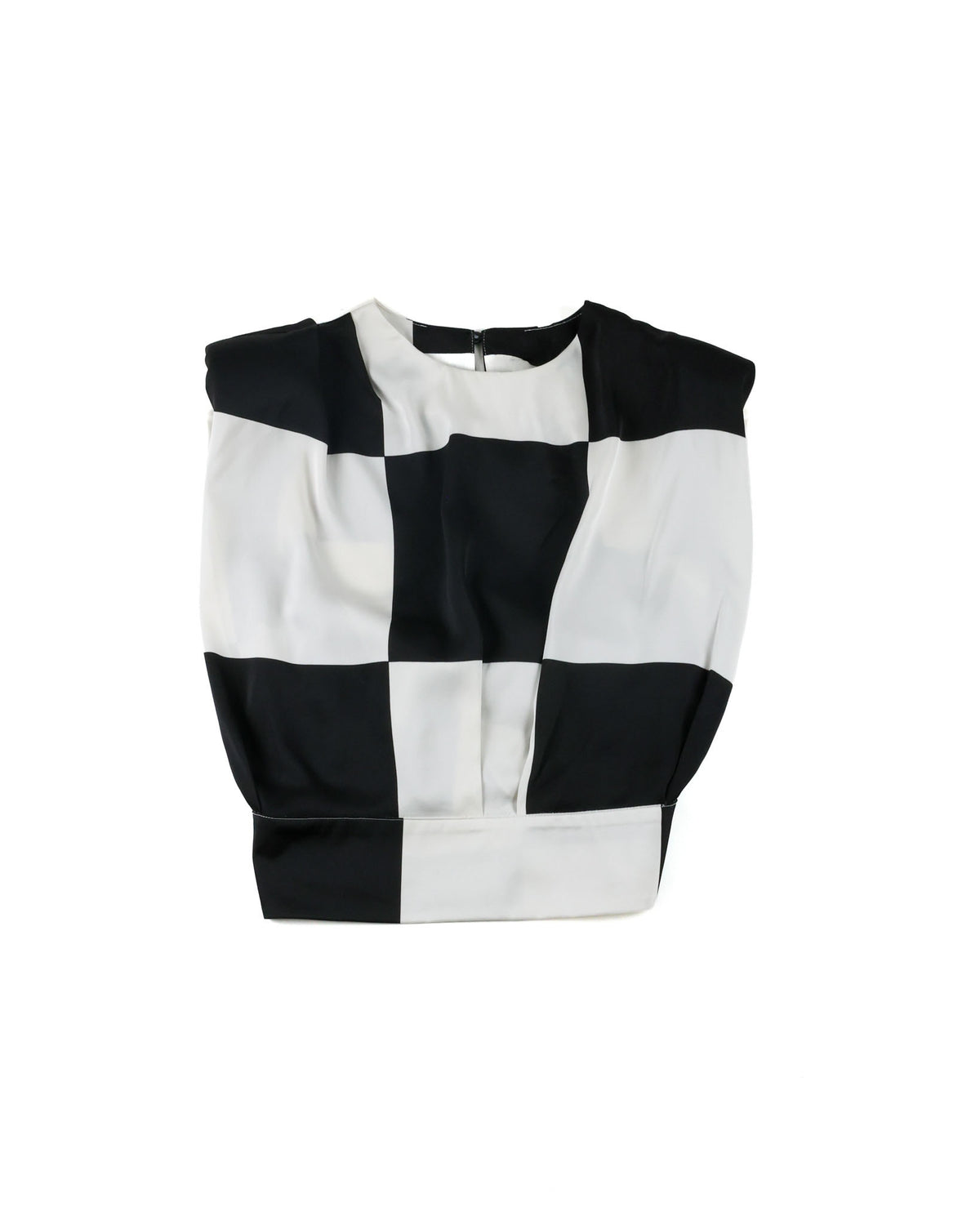 A black and white checkered cropped top with a crew neck, displayed flat against a plain white background.