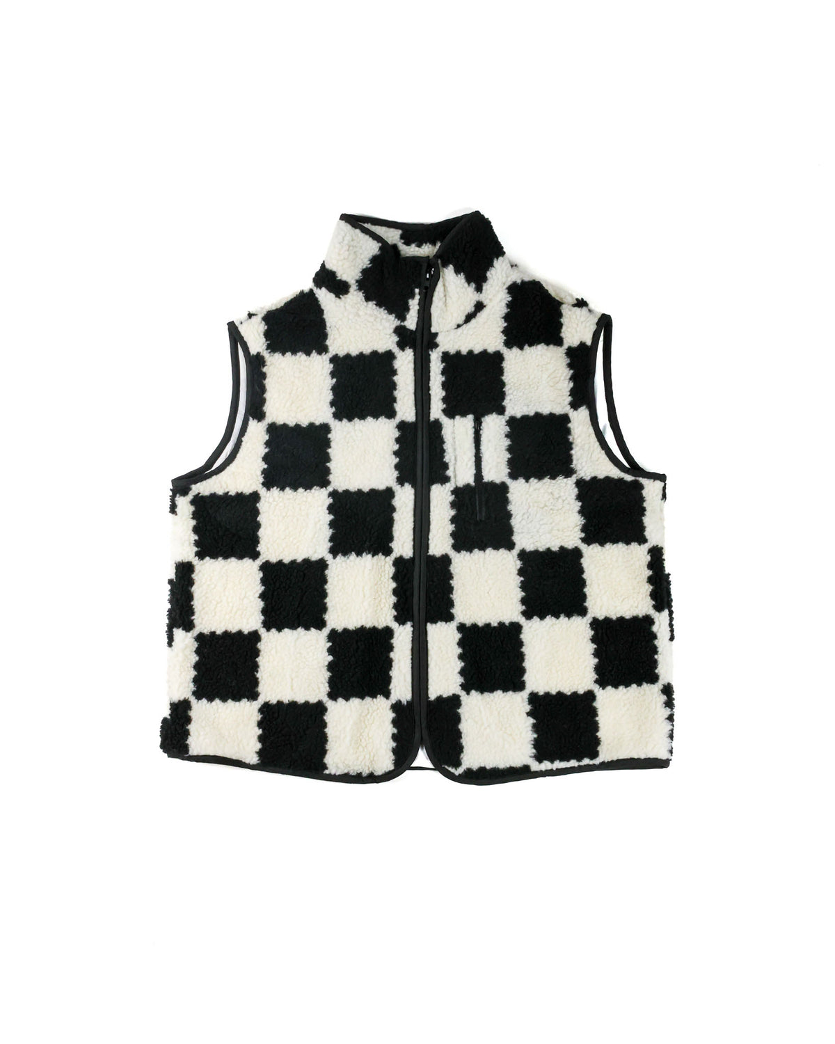 A sleeveless black and white checkered fleece vest with a stand-up collar and front zipper, shown against a plain white background.
