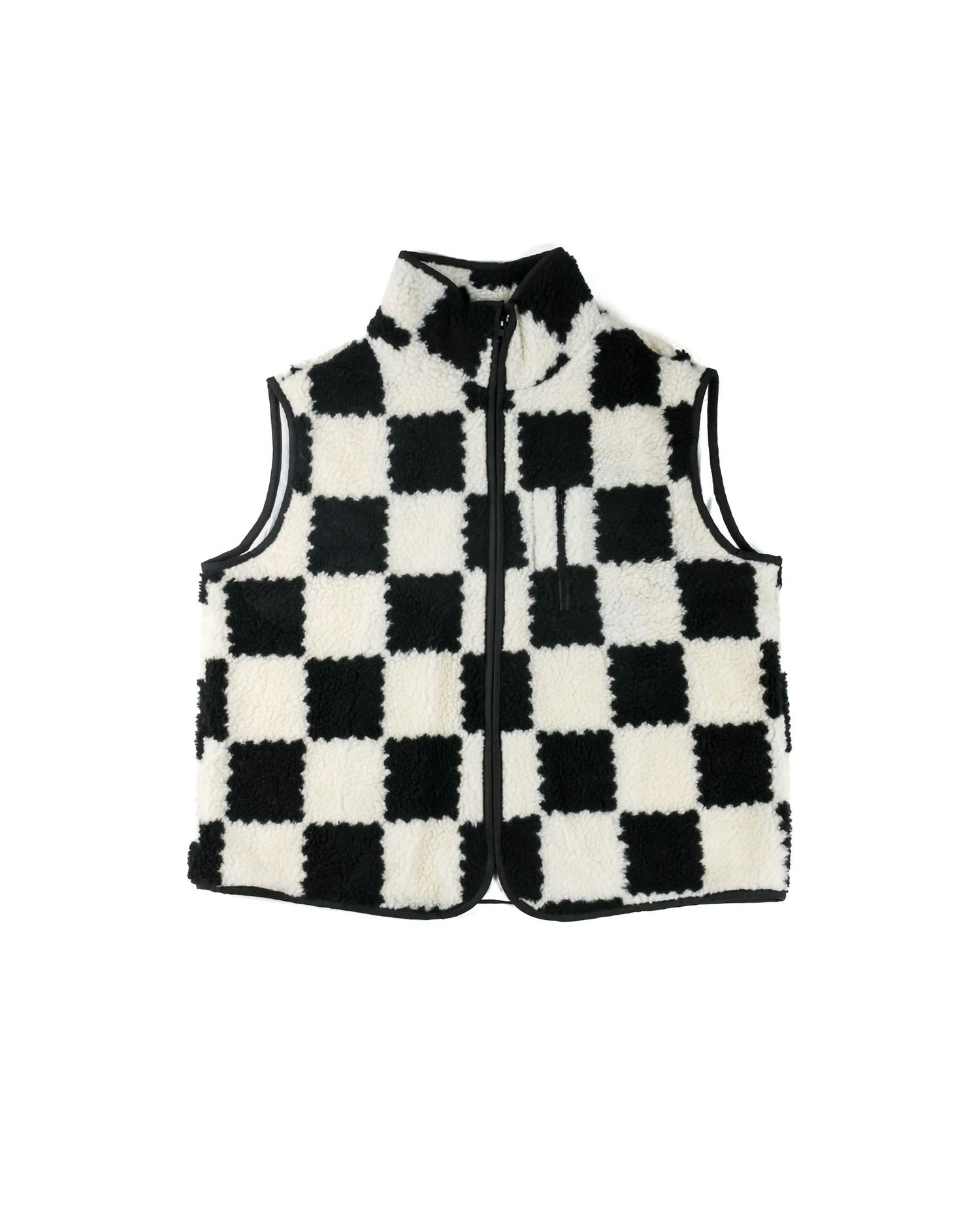 A sleeveless black and white checkered fleece vest with a stand-up collar and front zipper, shown against a plain white background.