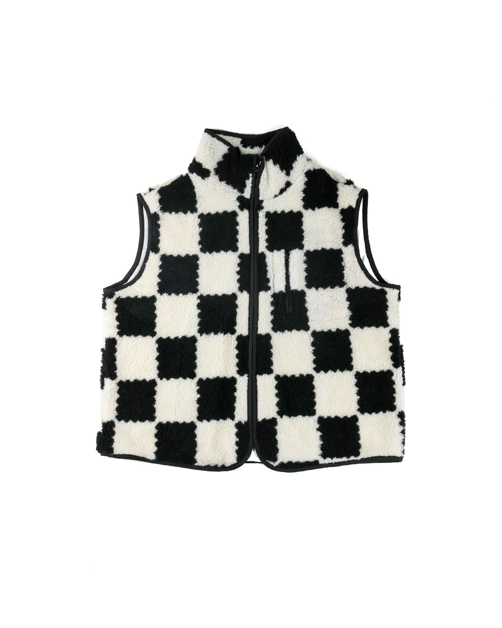 A sleeveless black and white checkered fleece vest with a stand-up collar and front zipper, shown against a plain white background.