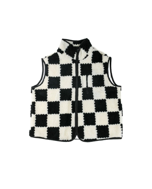 A sleeveless black and white checkered fleece vest with a stand-up collar and front zipper, shown against a plain white background.