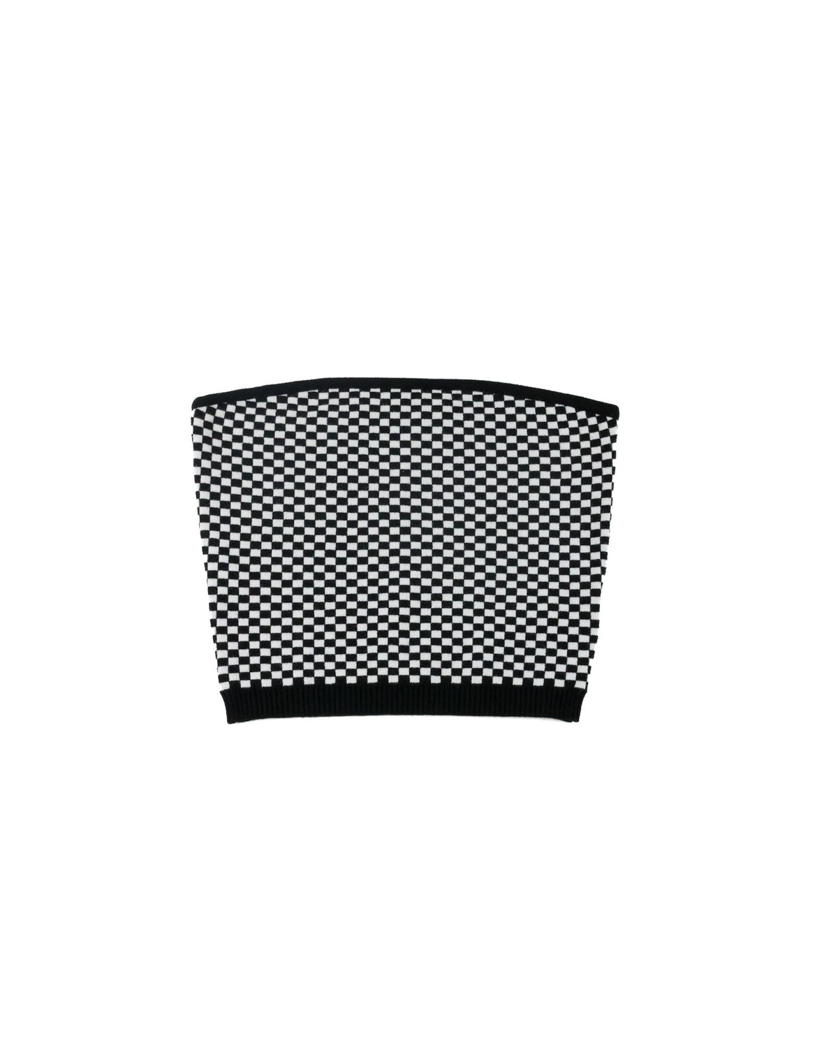 A black and white checkered knit bandeau top with solid black trim at the top and bottom, displayed against a plain white background.