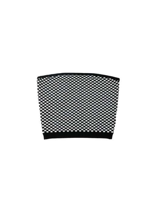 A black and white checkered knit bandeau top with solid black trim at the top and bottom, displayed against a plain white background.