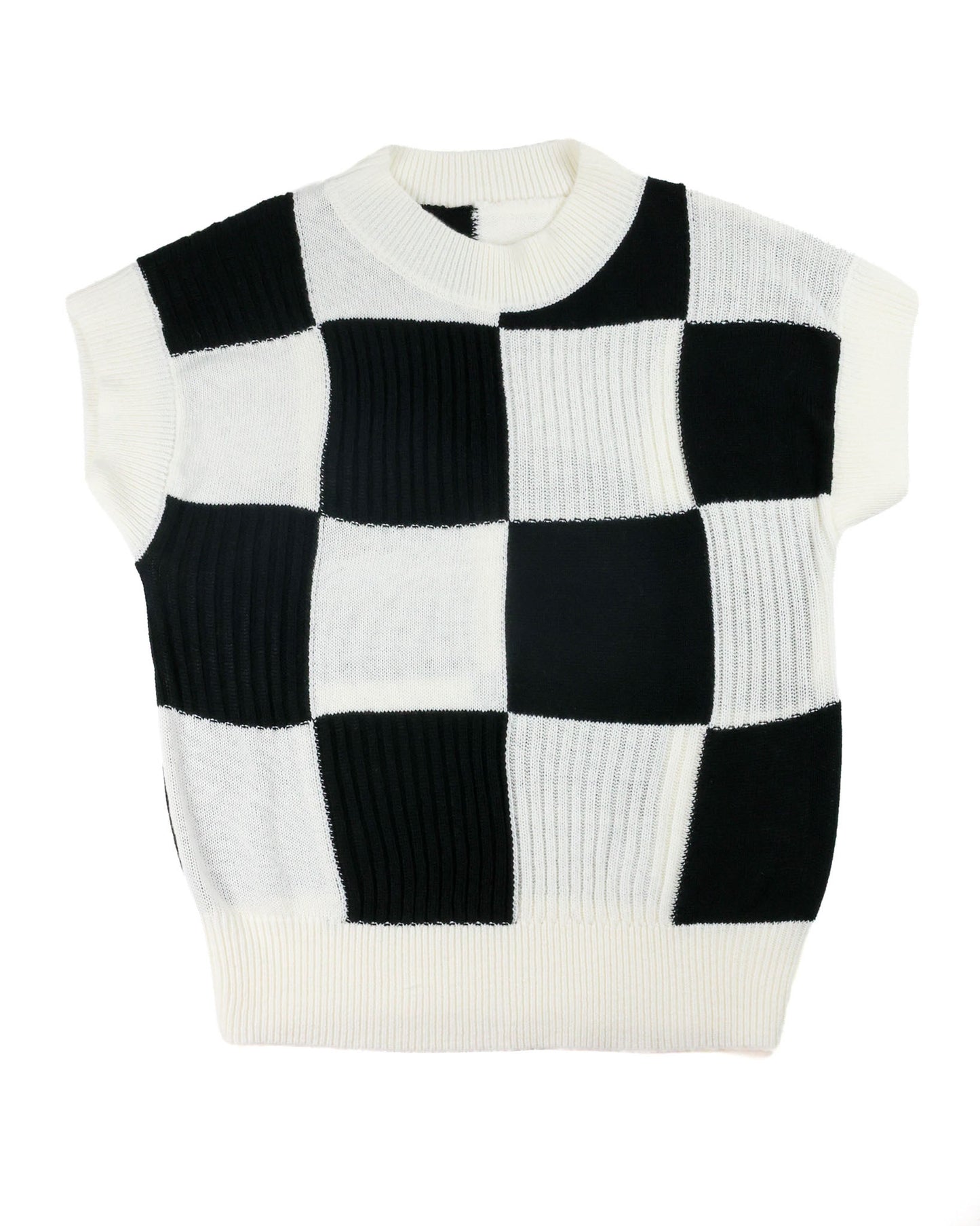 A sleeveless ribbed knit sweater vest featuring a black and white checkerboard pattern, with a cream-colored crew neck and ribbed hem, shown against a plain white background.