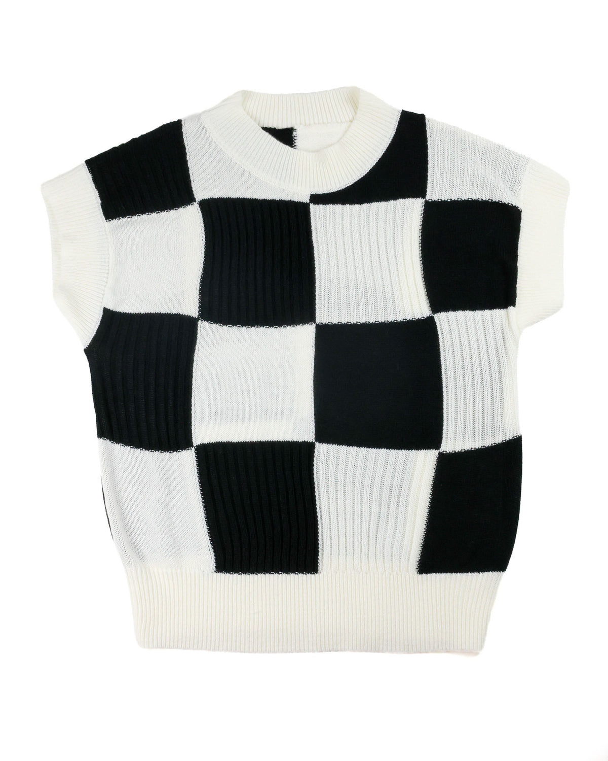 A sleeveless ribbed knit sweater vest featuring a black and white checkerboard pattern, with a cream-colored crew neck and ribbed hem, shown against a plain white background.