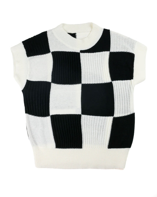 A sleeveless ribbed knit sweater vest featuring a black and white checkerboard pattern, with a cream-colored crew neck and ribbed hem, shown against a plain white background.