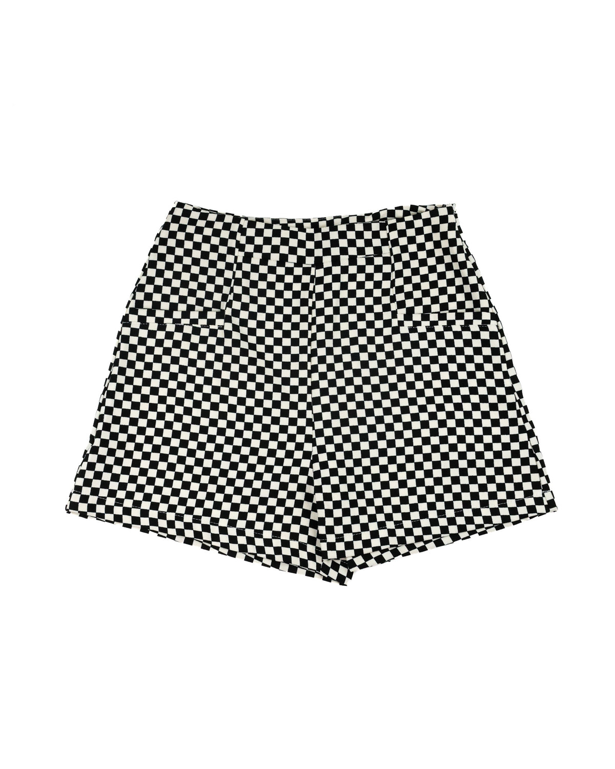Black and white checkerboard patterned shorts on a solid white background.