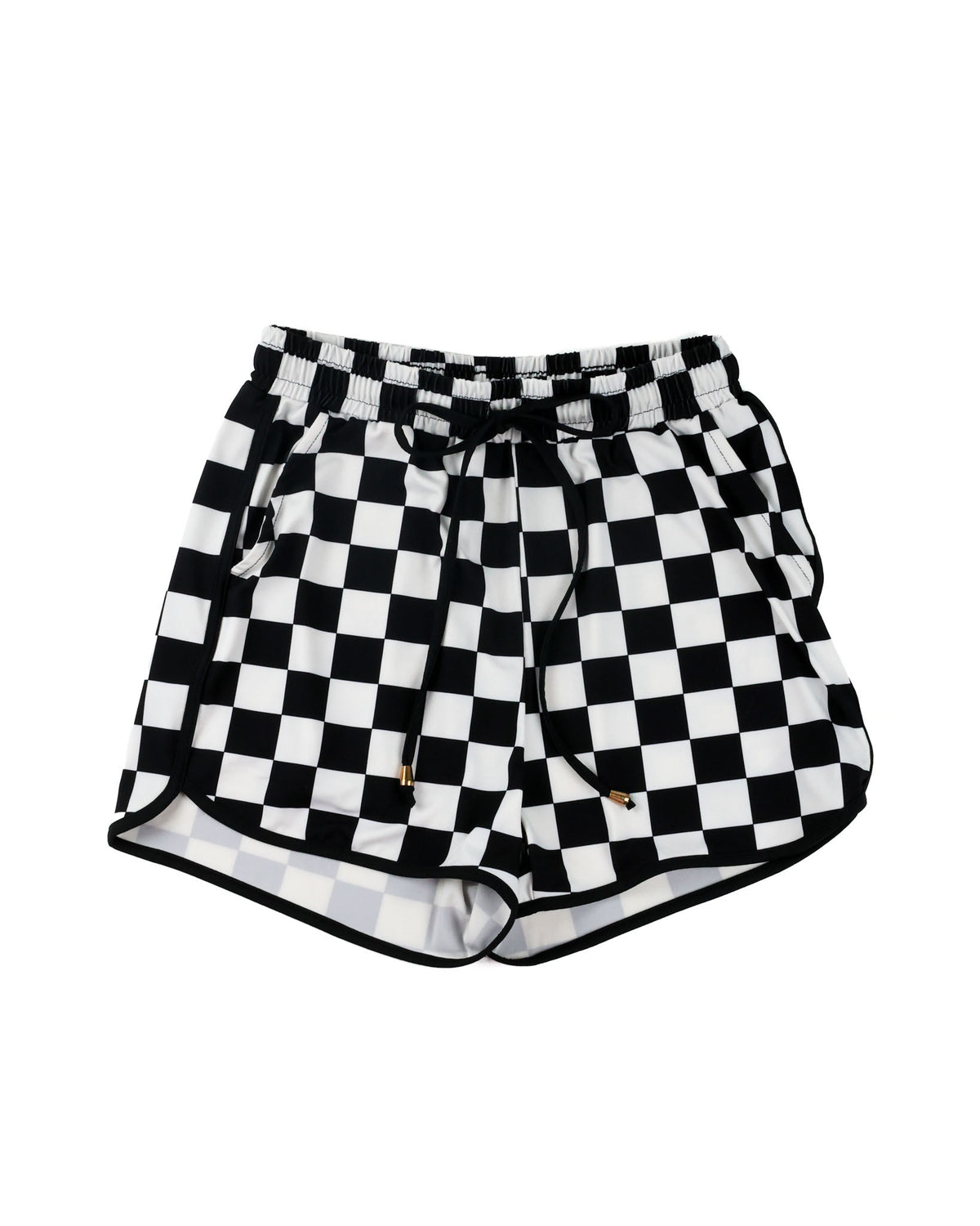 Black and white checkered shorts with an elastic drawstring waist, displayed against a solid white background.
