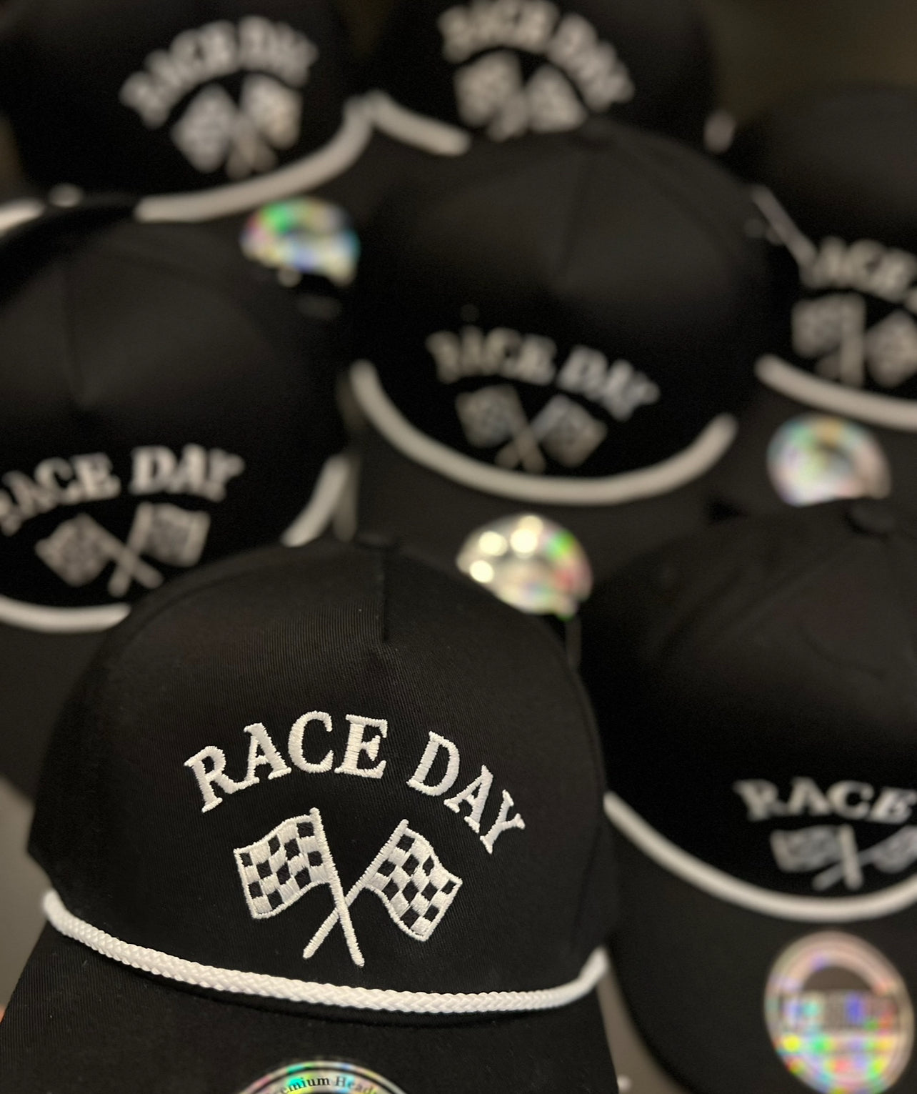 “RACE DAY” With Checkered Flags Hat - Black Hat/White Rope