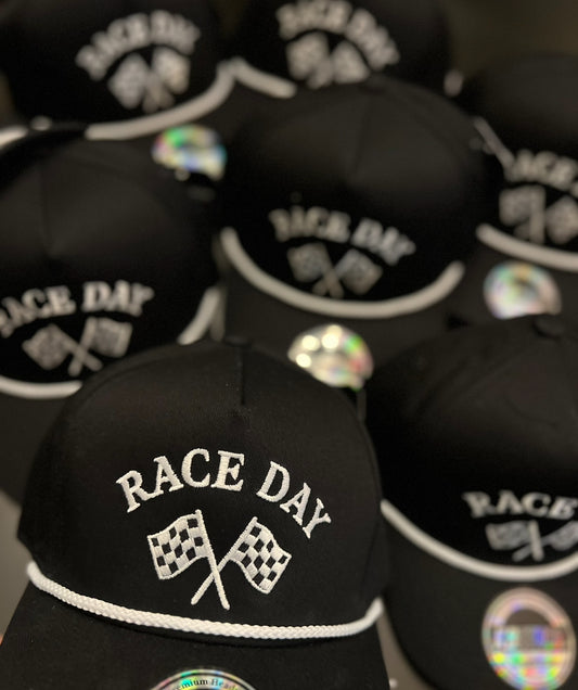 “RACE DAY” With Checkered Flags Hat - Black Hat/White Rope