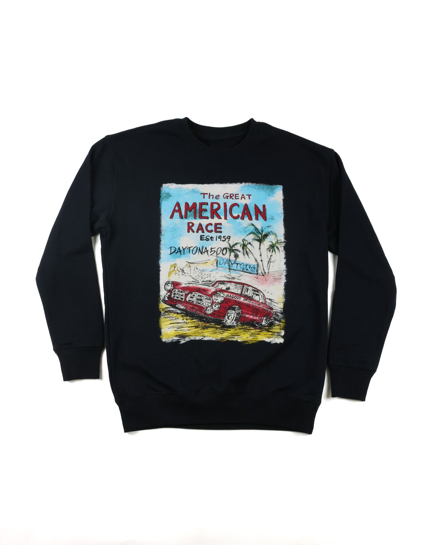 The Great American Race Crewneck, black with hand-drawn graphic