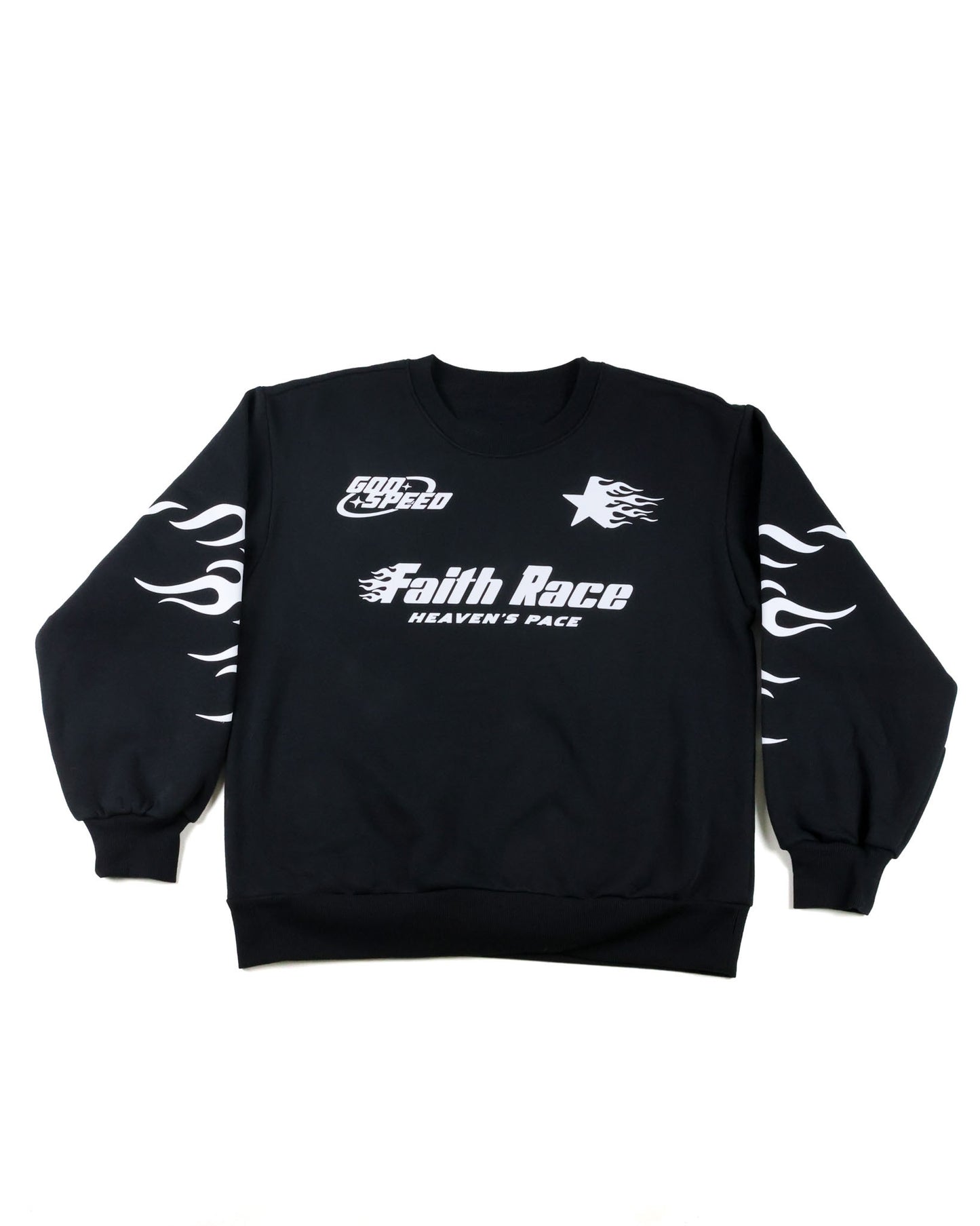 Black and white flame graphic crewneck sweatshirt from the Faith in the Fast Lane collection