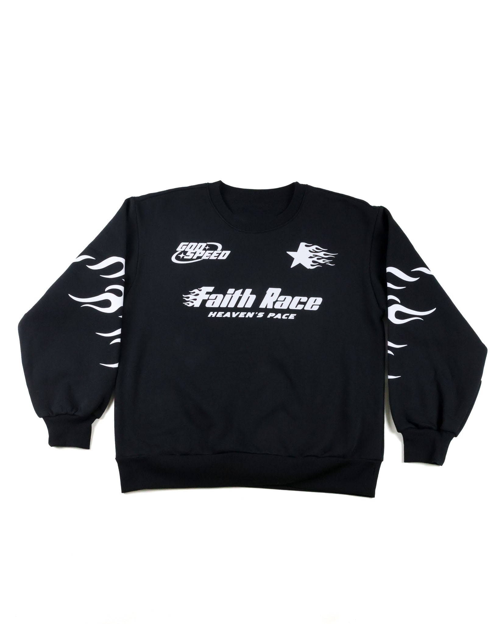 Black and white flame graphic crewneck sweatshirt from the Faith in the Fast Lane collection