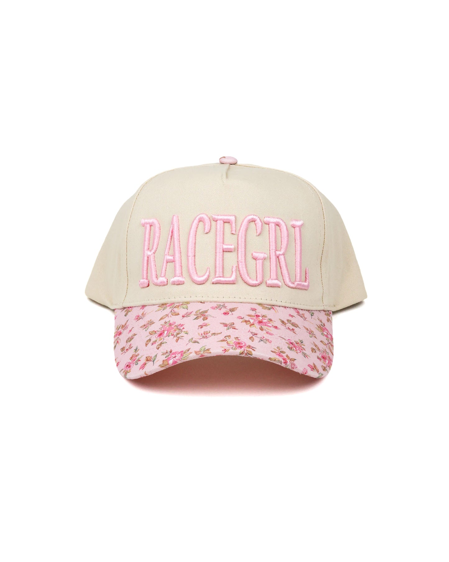 Race Royalty™ RACEGRL Hat in Cream/Pink Floral — women's structured 5-panel puff embroidered snapback with floral print.