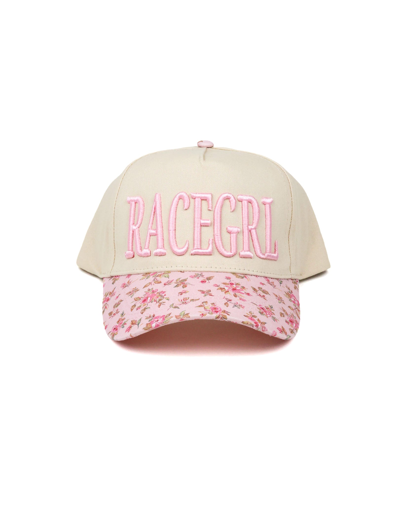 Race Royalty™ RACEGRL Hat in Cream/Pink Floral — women's structured 5-panel puff embroidered snapback with floral print.