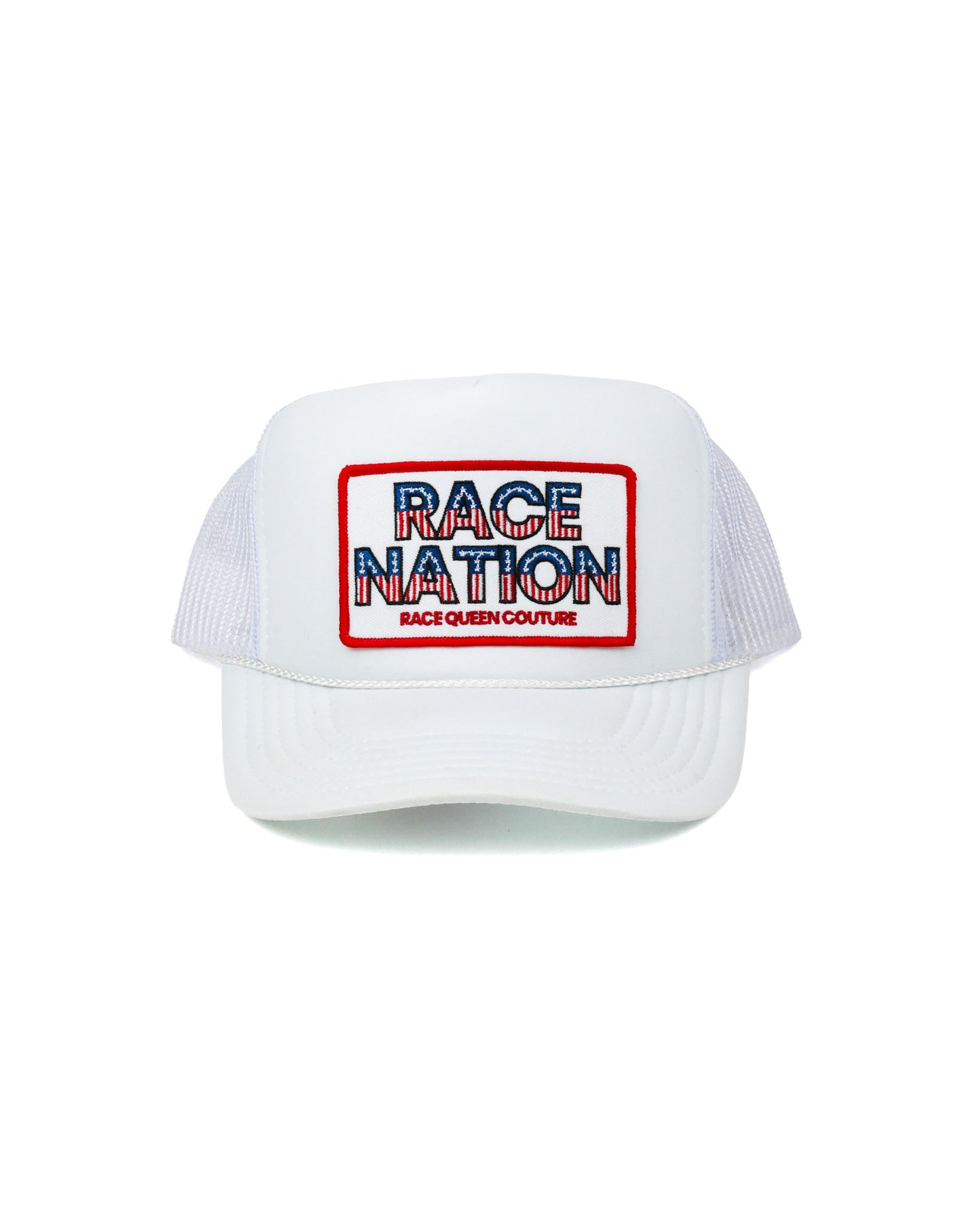 Race Royalty™ RACE NATION Patch Trucker Hat in White — structured trucker hat with embroidered RACE NATION patch and mesh back.