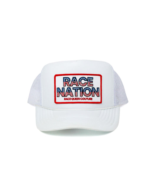 Race Royalty™ RACE NATION Patch Trucker Hat in White — structured trucker hat with embroidered RACE NATION patch and mesh back.