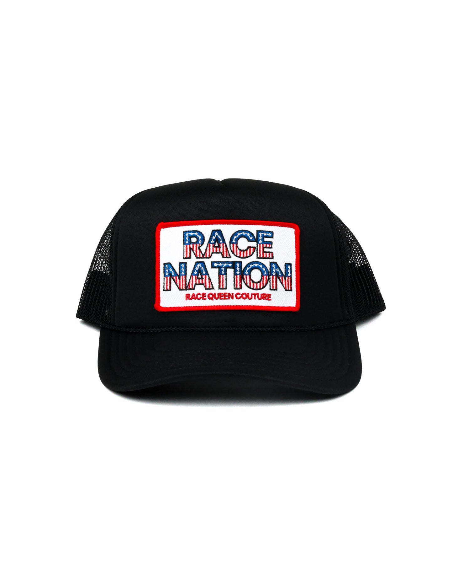 Race Royalty™ RACE NATION Patch Trucker Hat in Black — structured trucker hat with embroidered RACE NATION patch and mesh back.