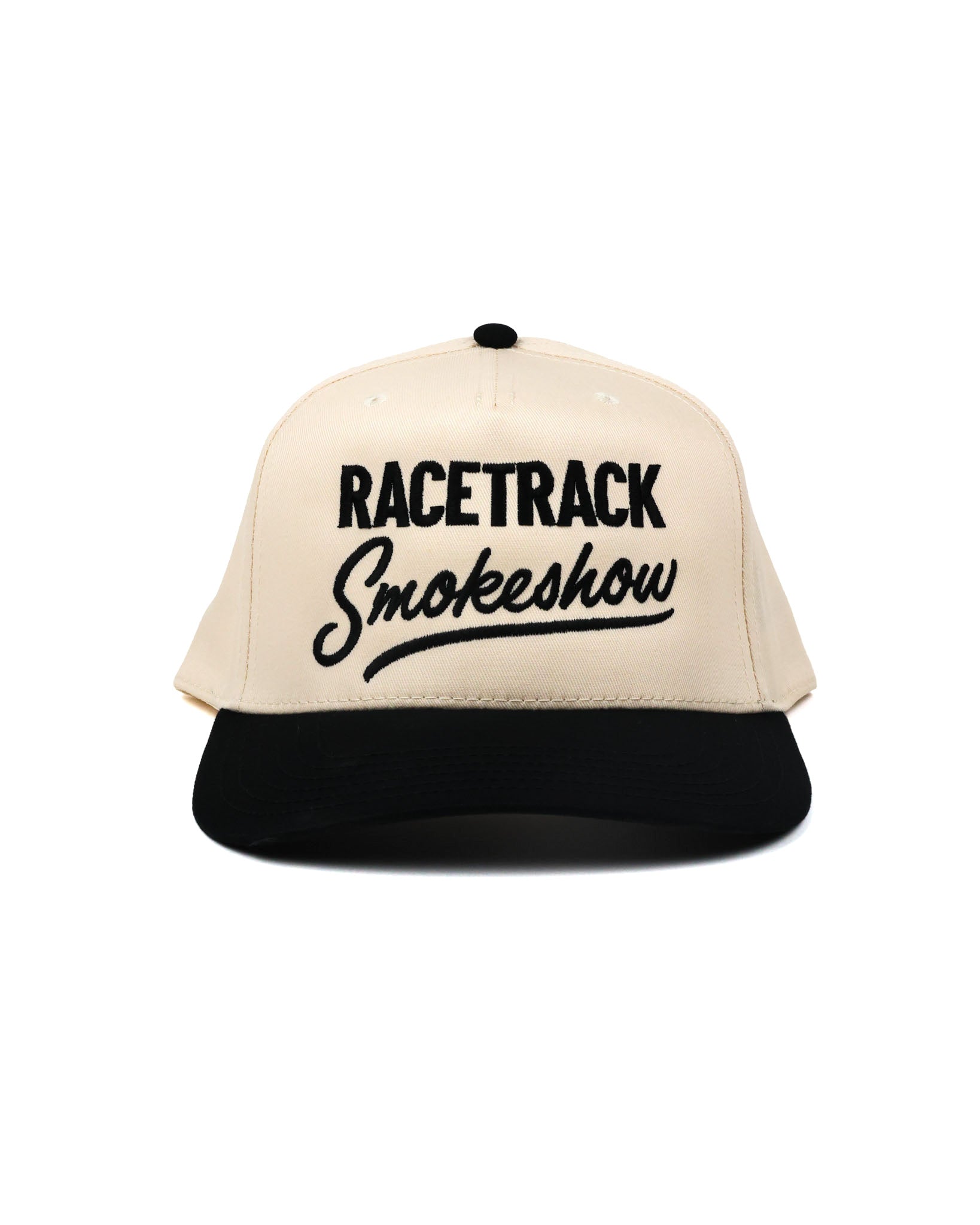 Racetrack Smokeshow Hat, cream crown with black embroidery.