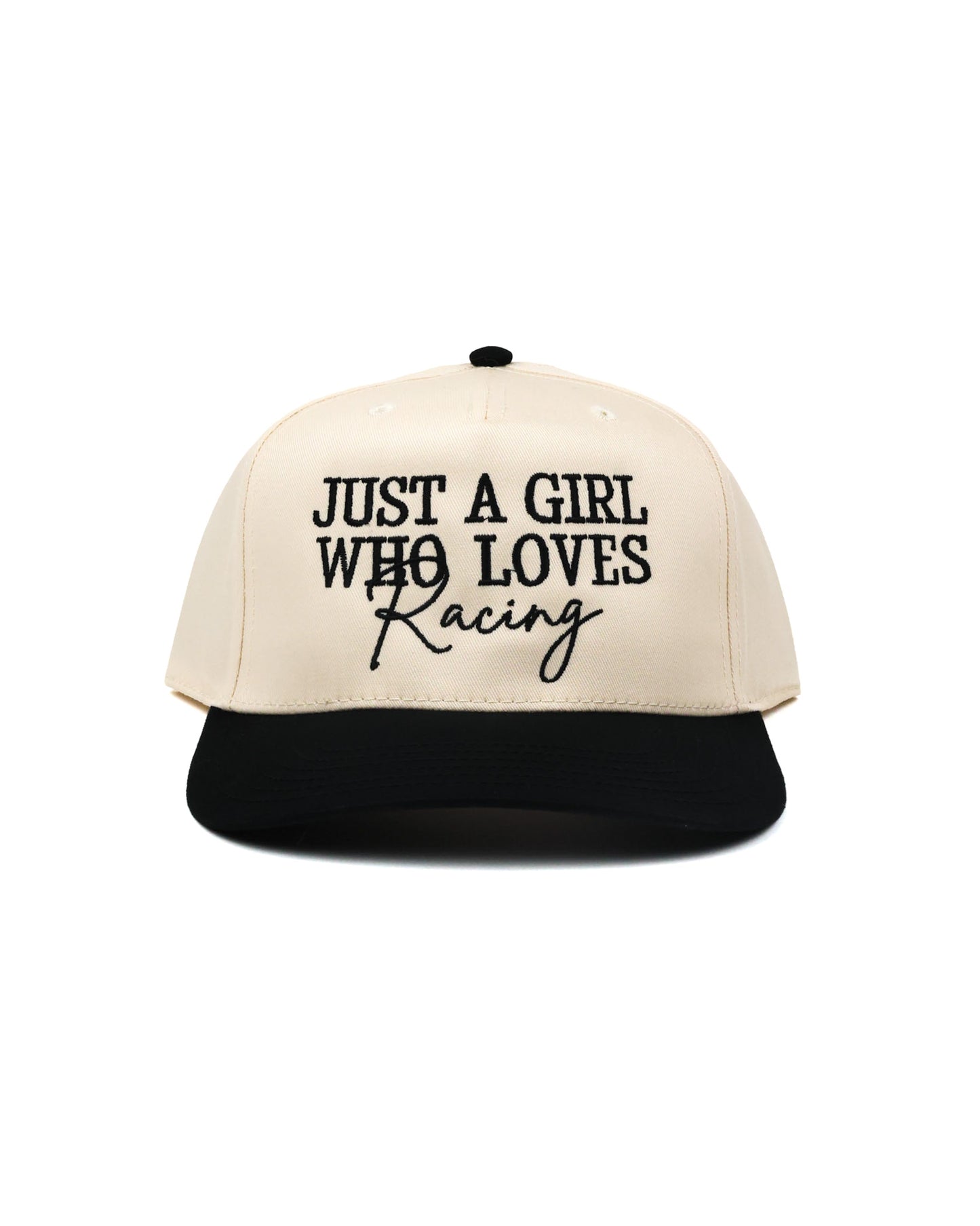 Race Royalty™ JUST A GIRL WHO LOVES RACING Hat in Cream/Black — women's structured 5-panel mixed-font embroidered snapback race day hat with black brim.