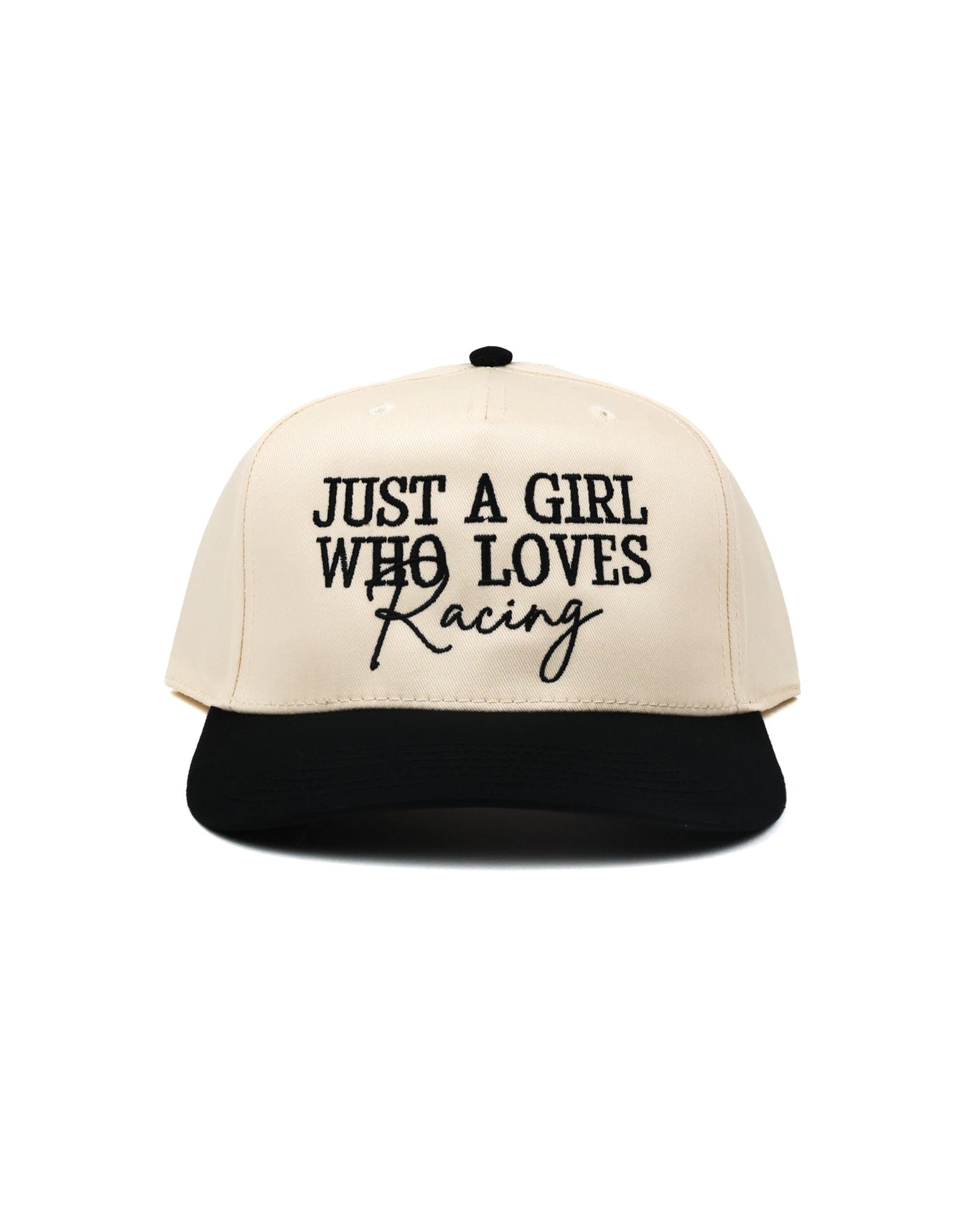 Race Royalty™ JUST A GIRL WHO LOVES RACING Hat in Cream/Black — women's structured 5-panel mixed-font embroidered snapback race day hat with black brim.