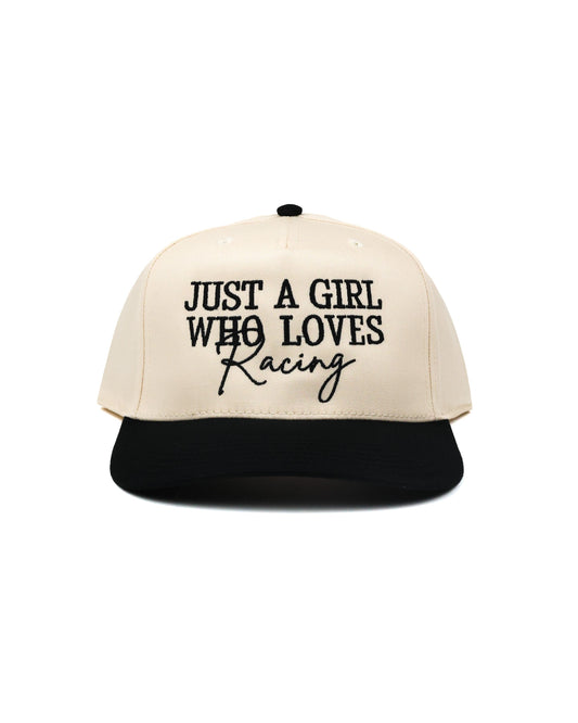 Race Royalty™ JUST A GIRL WHO LOVES RACING Hat in Cream/Black — women's structured 5-panel mixed-font embroidered snapback race day hat with black brim.