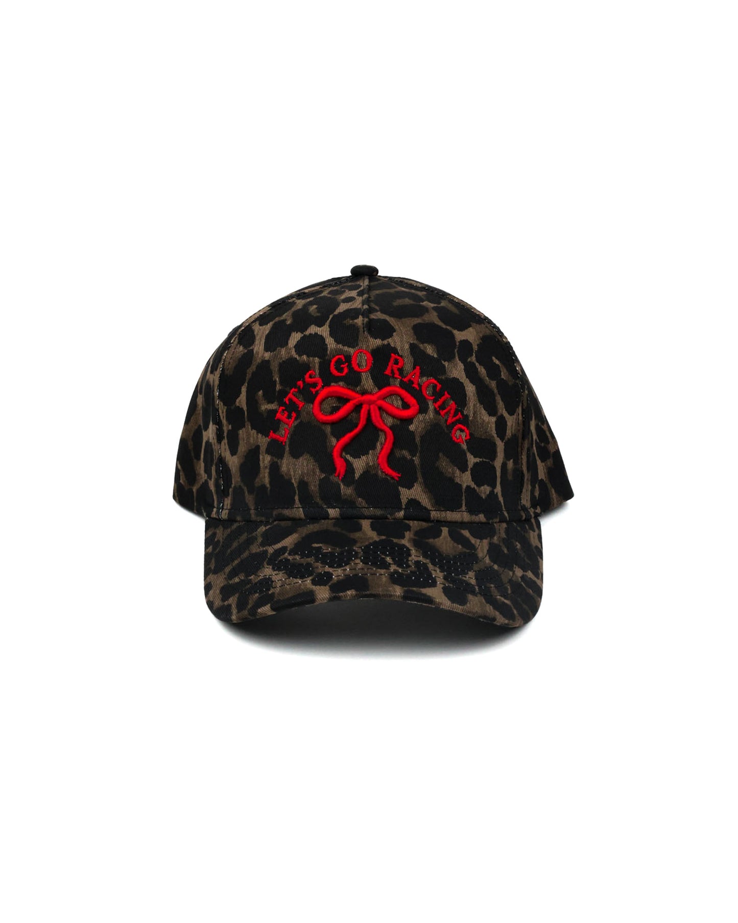 Race Royalty™ LET'S GO RACING Hat in Leopard/Red — women's structured 5-panel embroidered snapback with signature coquette bow.