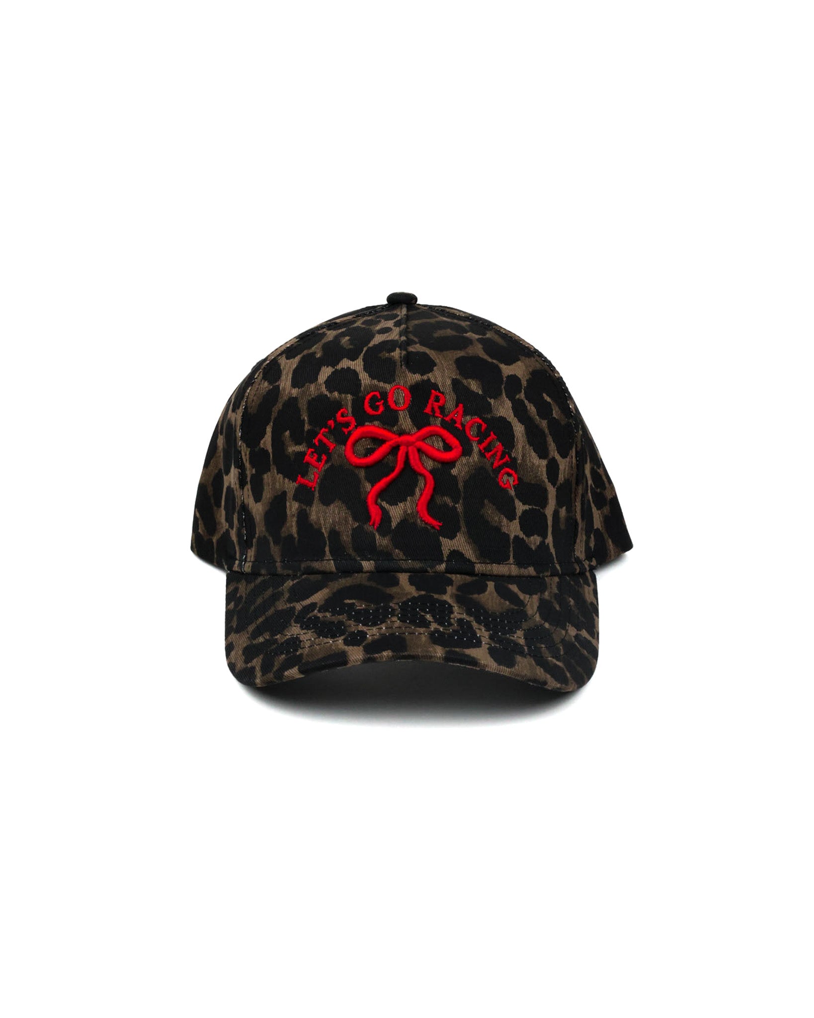 Race Royalty™ LET'S GO RACING Hat in Leopard/Red — women's structured 5-panel embroidered snapback with signature coquette bow.