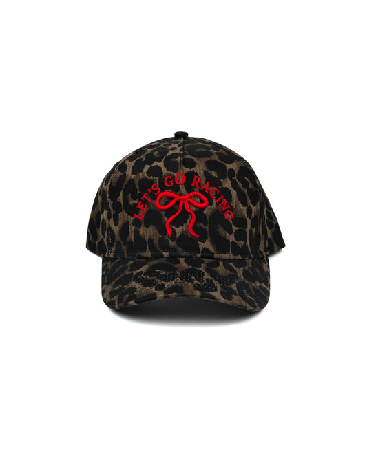 Race Royalty™ LET'S GO RACING Hat in Leopard/Red — women's structured 5-panel embroidered snapback with signature coquette bow.