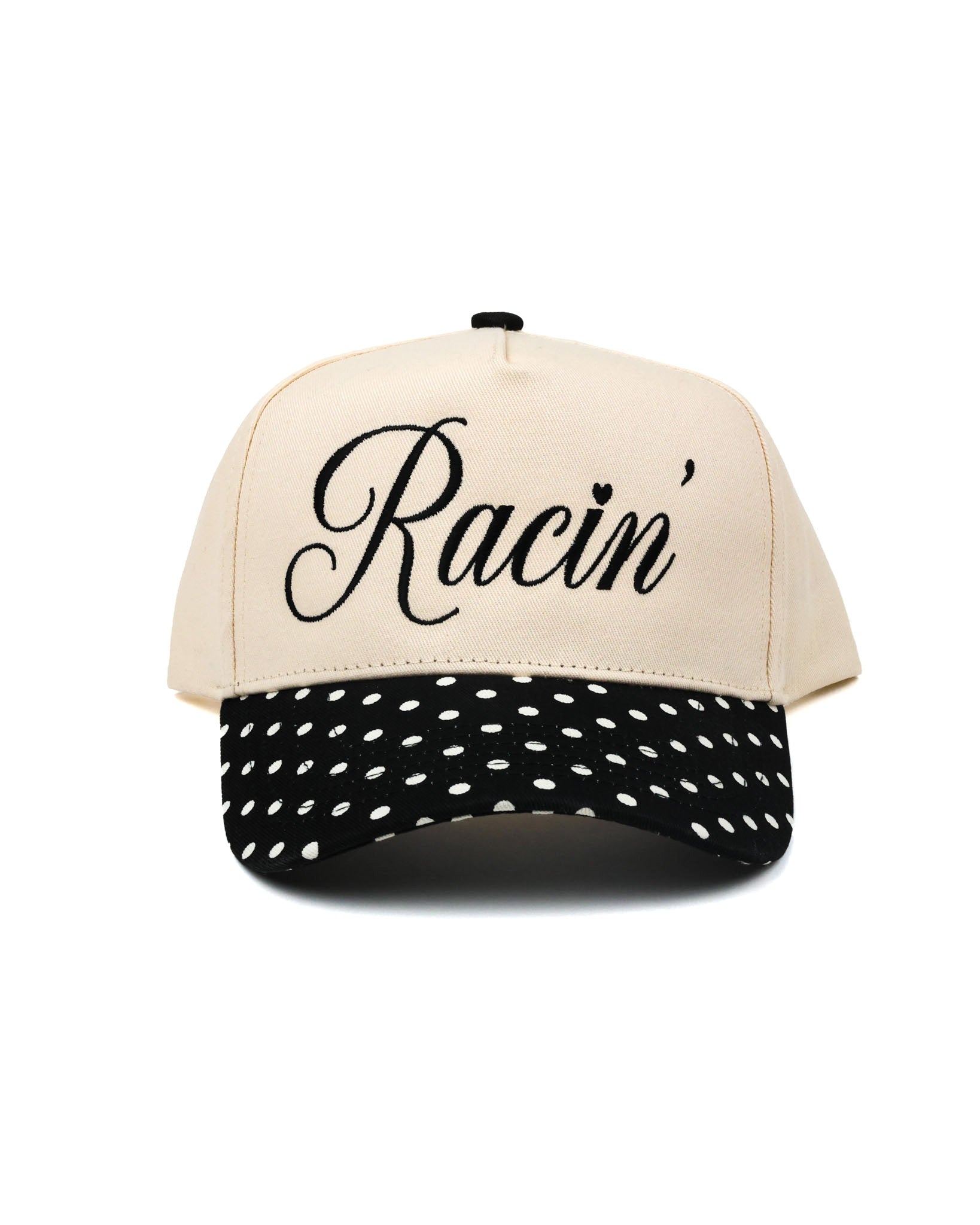 Racin' Script Polka Dot Hat by Race Royalty, women's race day snapback with polka dot pattern