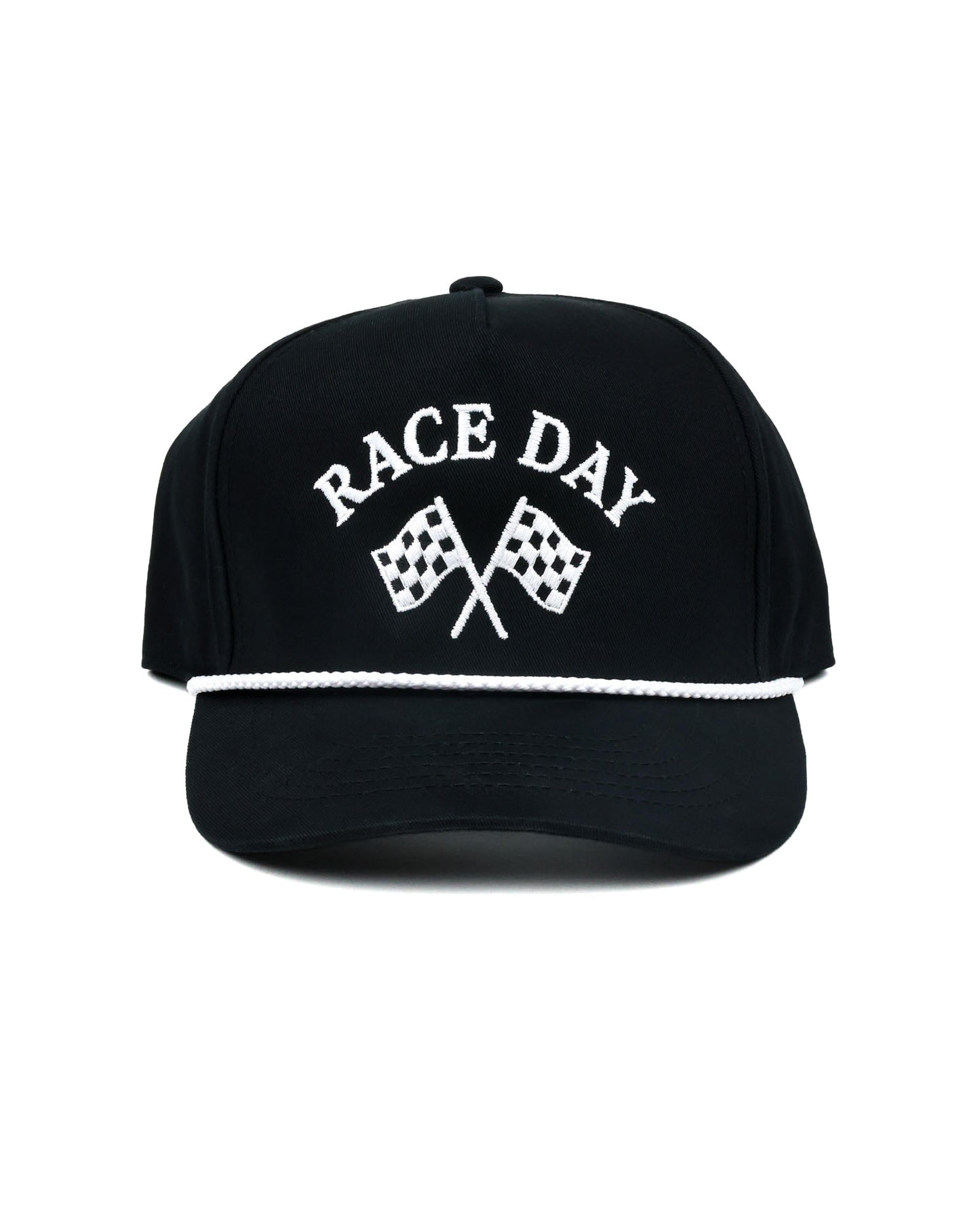 Race Day Checkered Flags Hat in black with white rope"