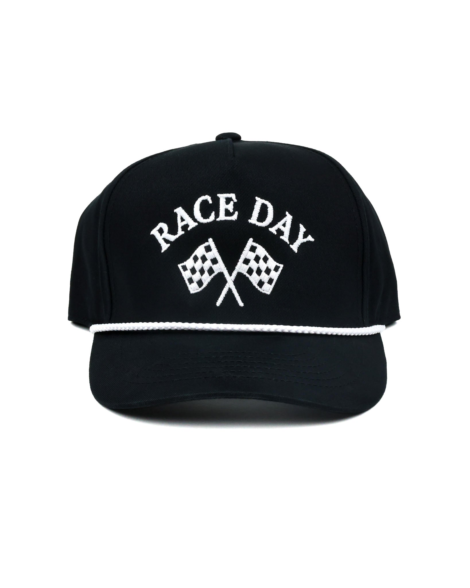 Race Day Checkered Flags Hat in black with white rope"
